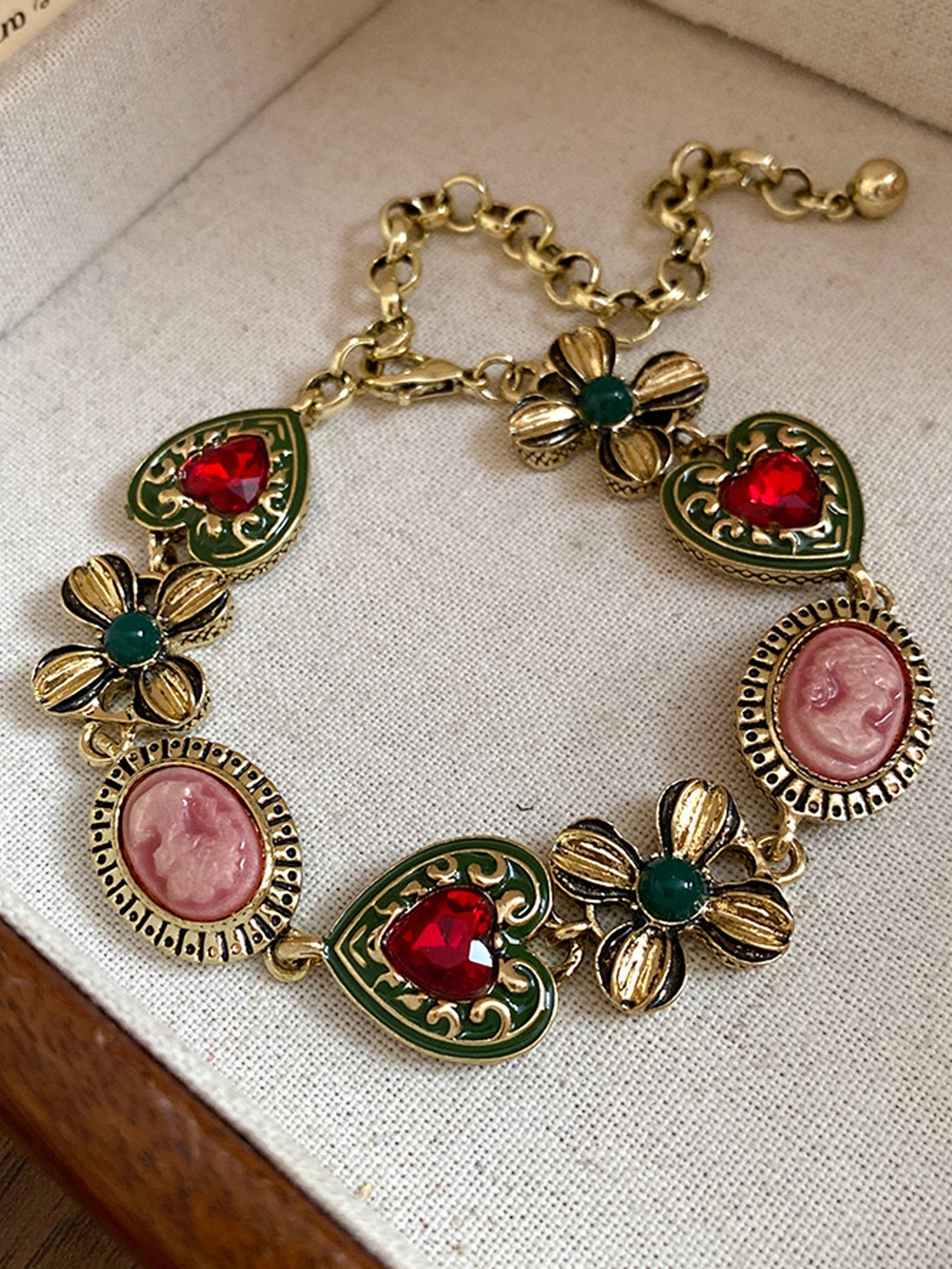 Vintage Necklace & Bracelet Set: Gold-Tone with Red Heart Gems & Enamel Florals NE021