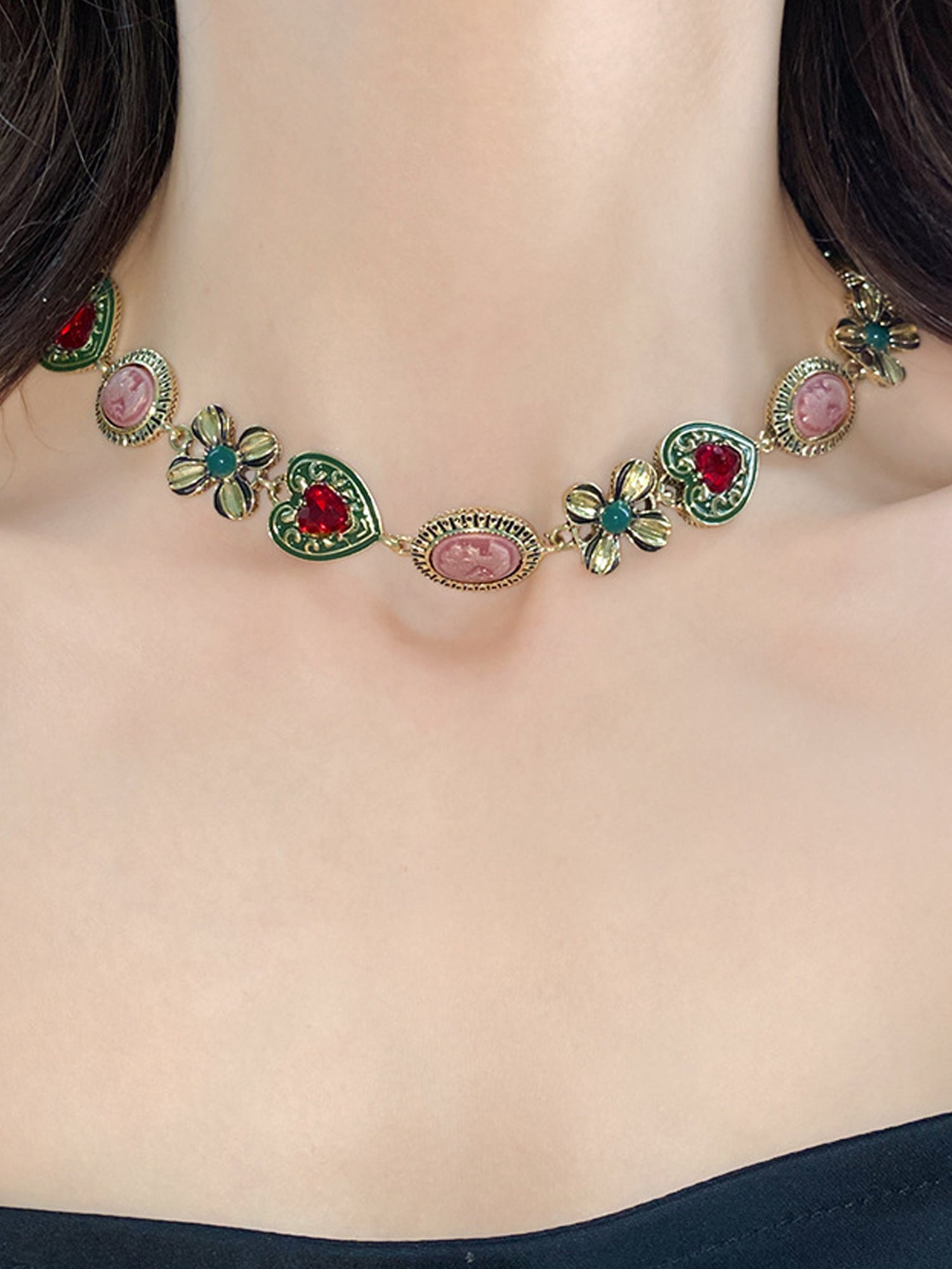 Vintage Necklace & Bracelet Set: Gold-Tone with Red Heart Gems & Enamel Florals NE021