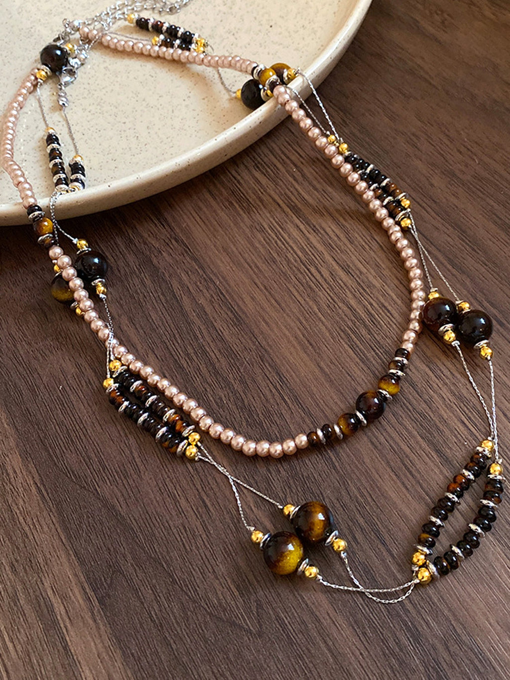 Boho Layered Pearl & Tiger Eye Beaded Necklace NE022