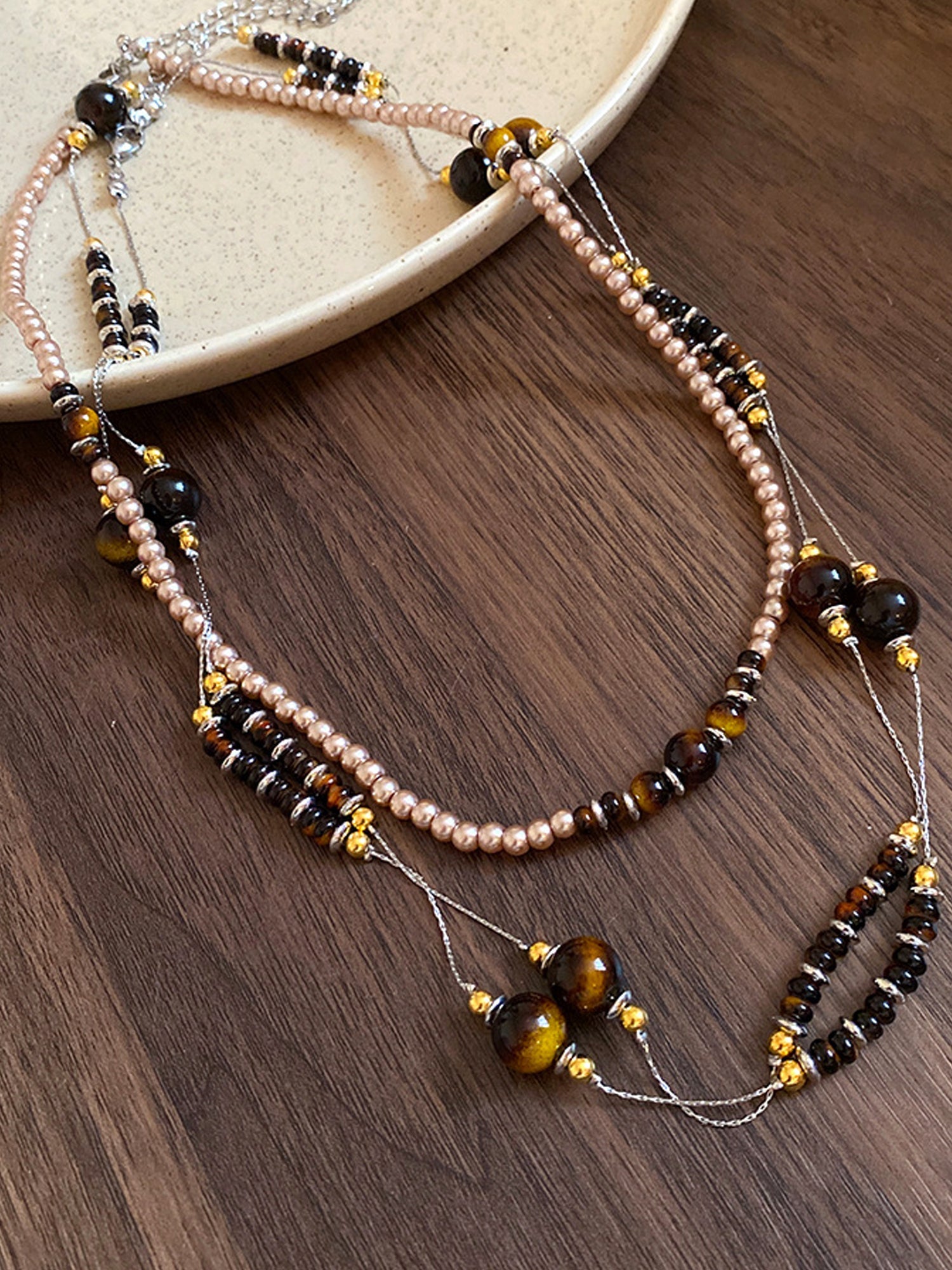 Boho Layered Pearl & Tiger Eye Beaded Necklace NE022