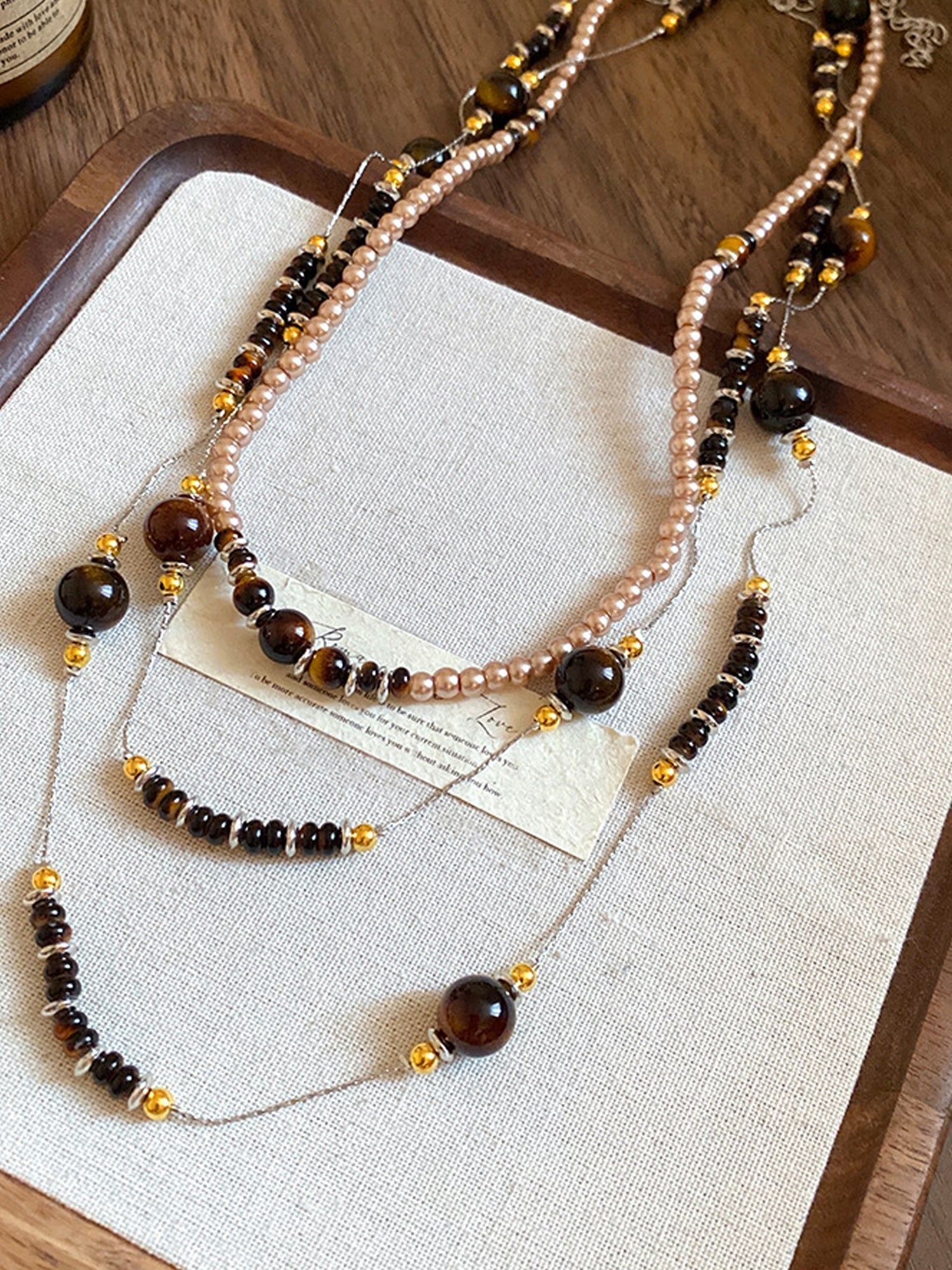 Boho Layered Pearl & Tiger Eye Beaded Necklace NE022