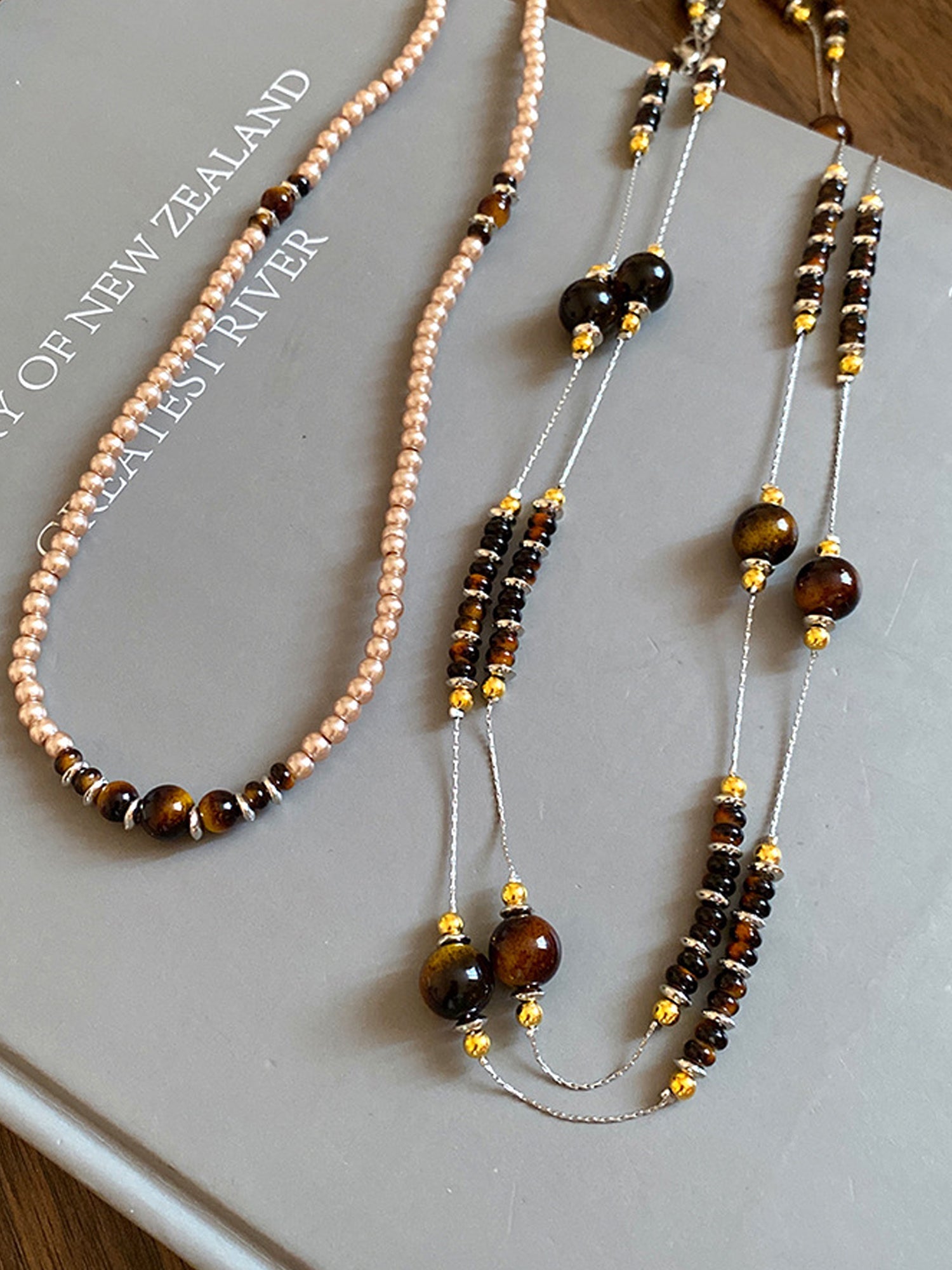 Boho Layered Pearl & Tiger Eye Beaded Necklace NE022