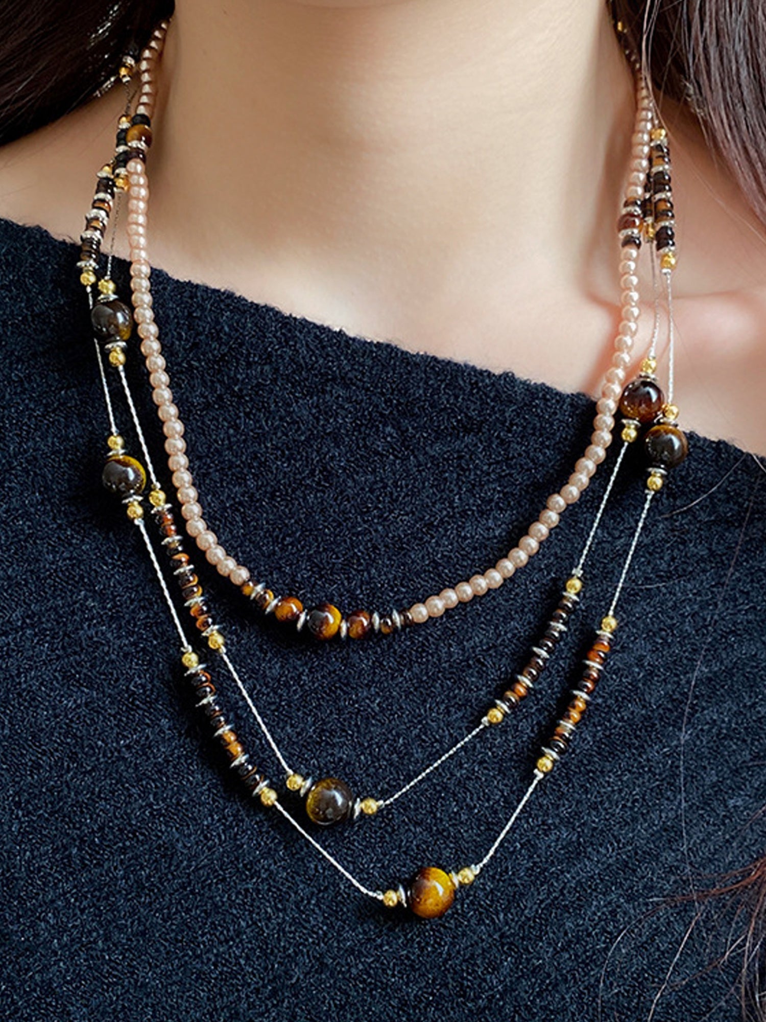 Boho Layered Pearl & Tiger Eye Beaded Necklace NE022