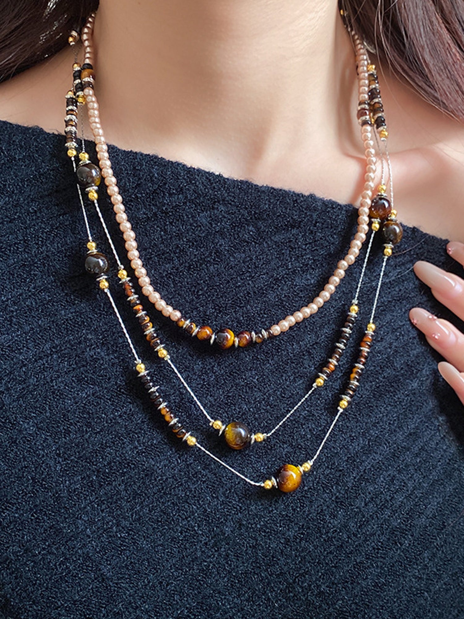 Boho Layered Pearl & Tiger Eye Beaded Necklace NE022