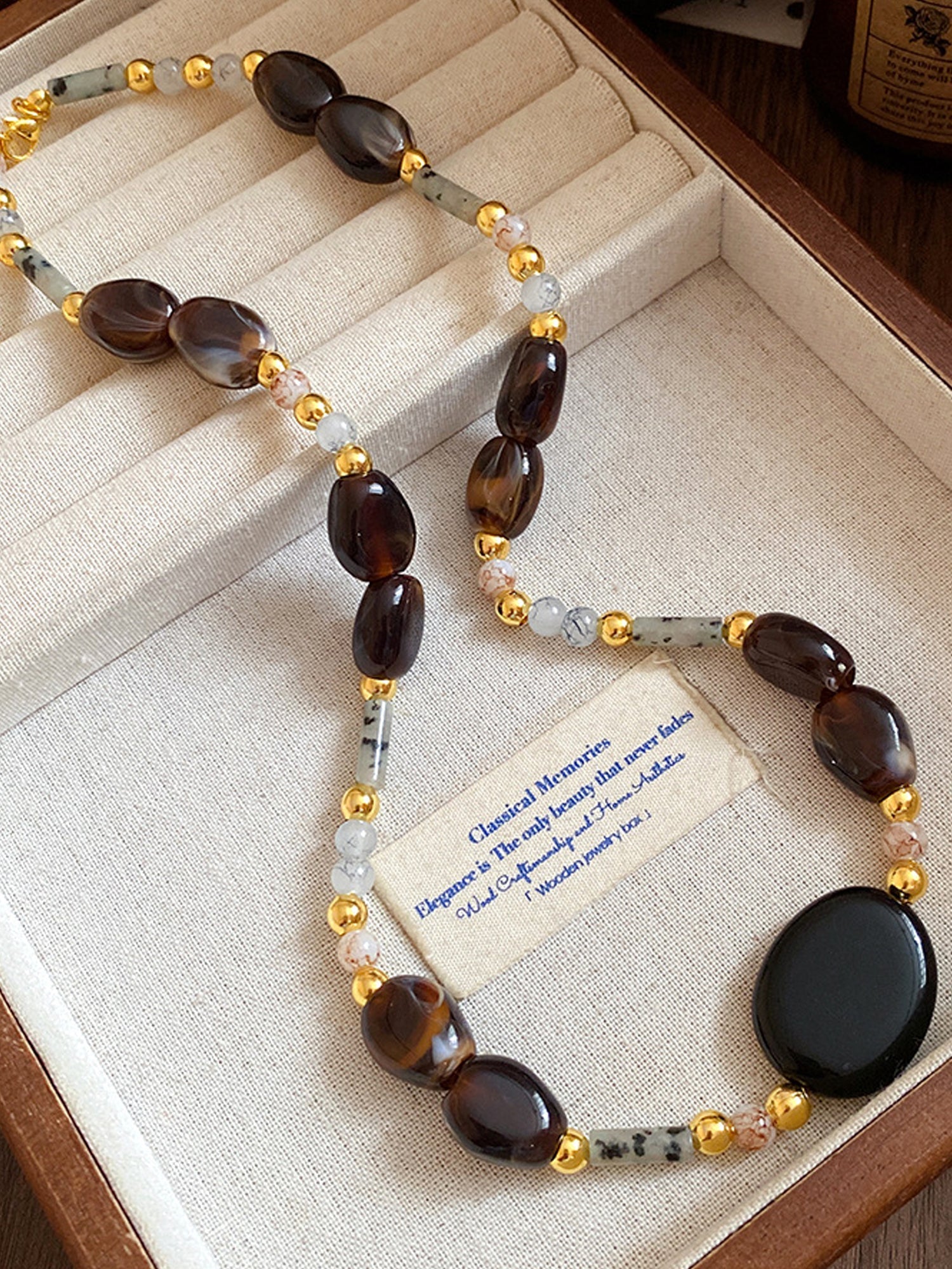 Boho Gold-Accented Stone Oval Bead Necklace NE023