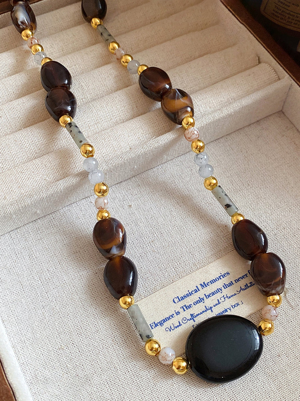 Boho Gold-Accented Stone Oval Bead Necklace NE023