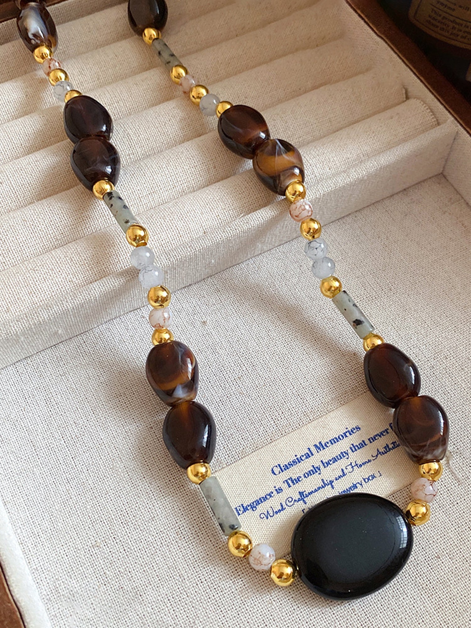 Boho Gold-Accented Stone Oval Bead Necklace NE023