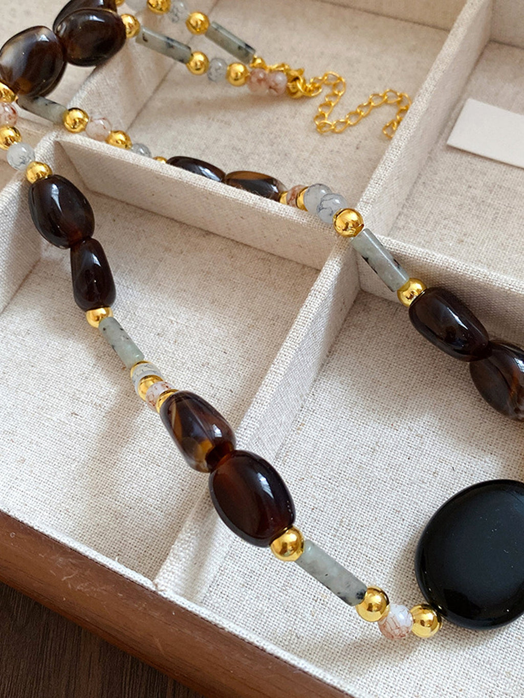 Boho Gold-Accented Stone Oval Bead Necklace NE023