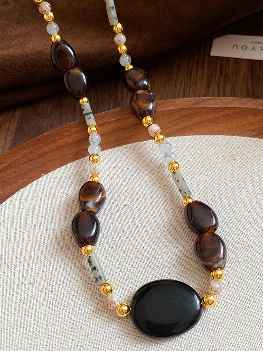 Boho Gold-Accented Stone Oval Bead Necklace NE023
