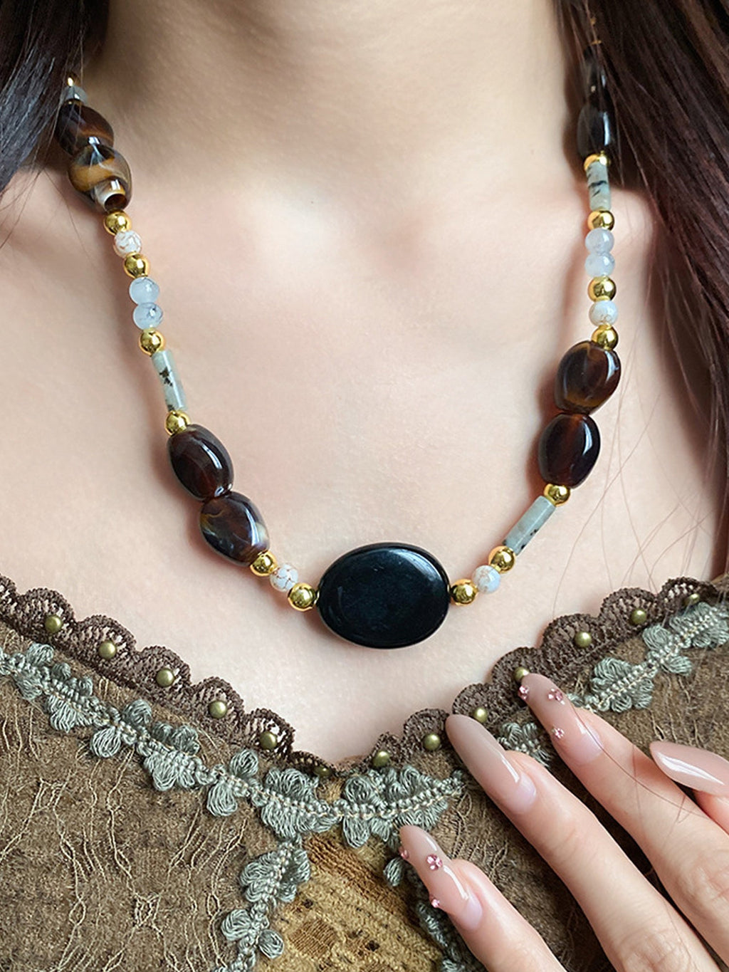 Boho Gold-Accented Stone Oval Bead Necklace NE023