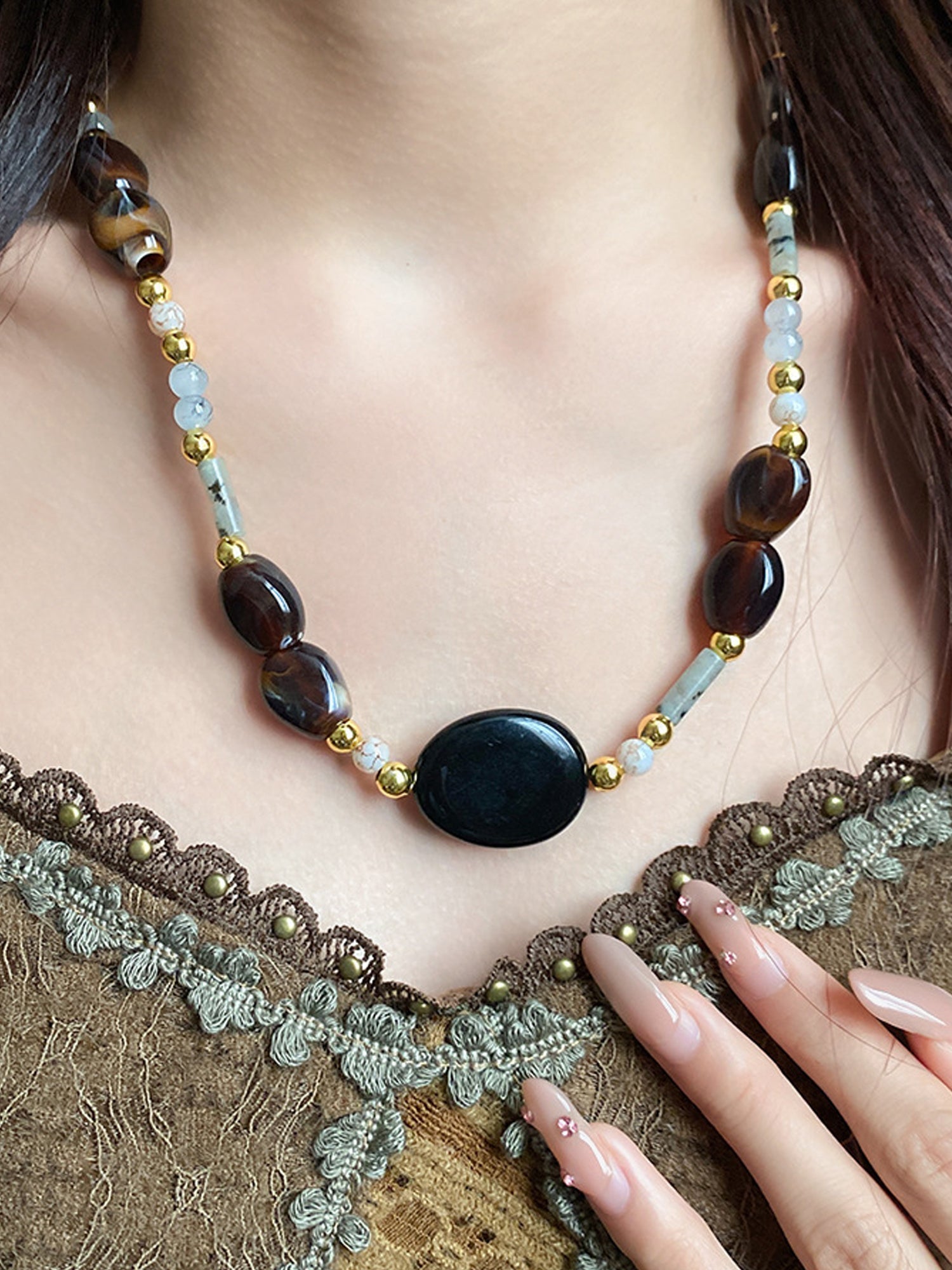 Boho Gold-Accented Stone Oval Bead Necklace NE023