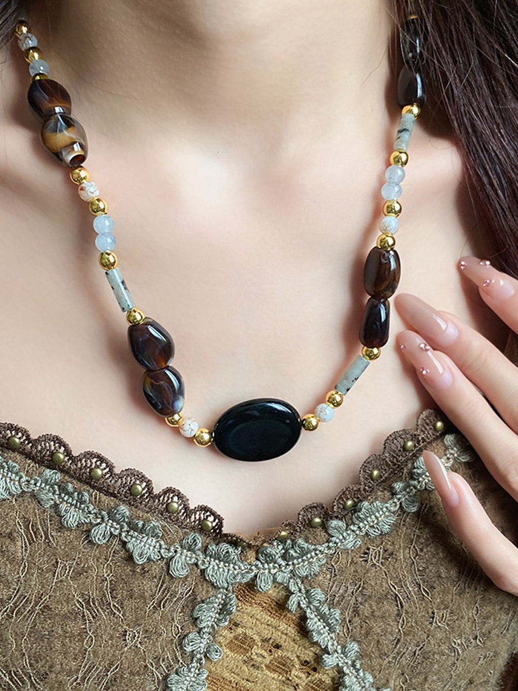 Boho Gold-Accented Stone Oval Bead Necklace NE023