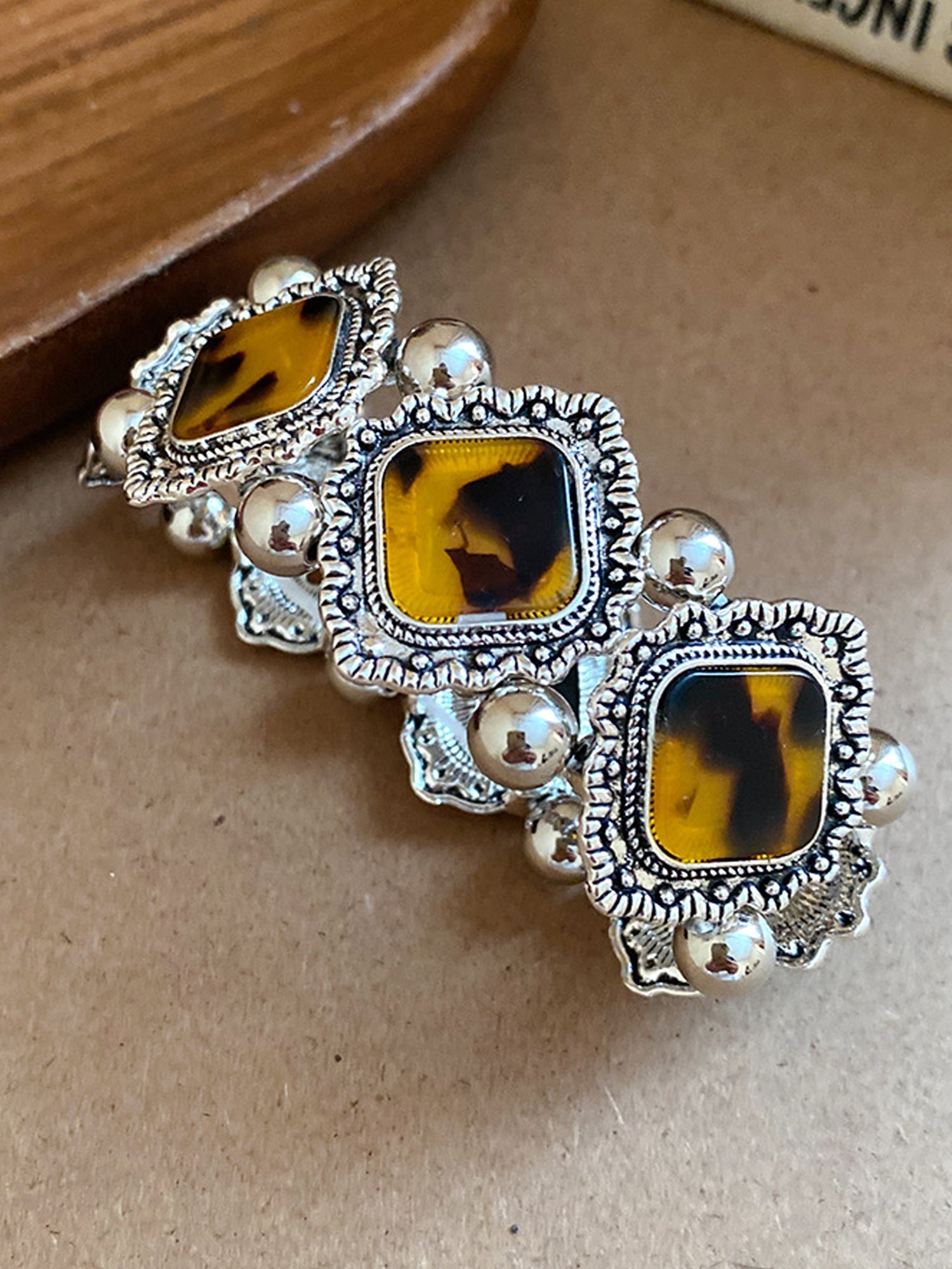 Bohemian Bracelets Set: Turquoise & Tortoiseshell Gemstones in Silver-Tone NE024