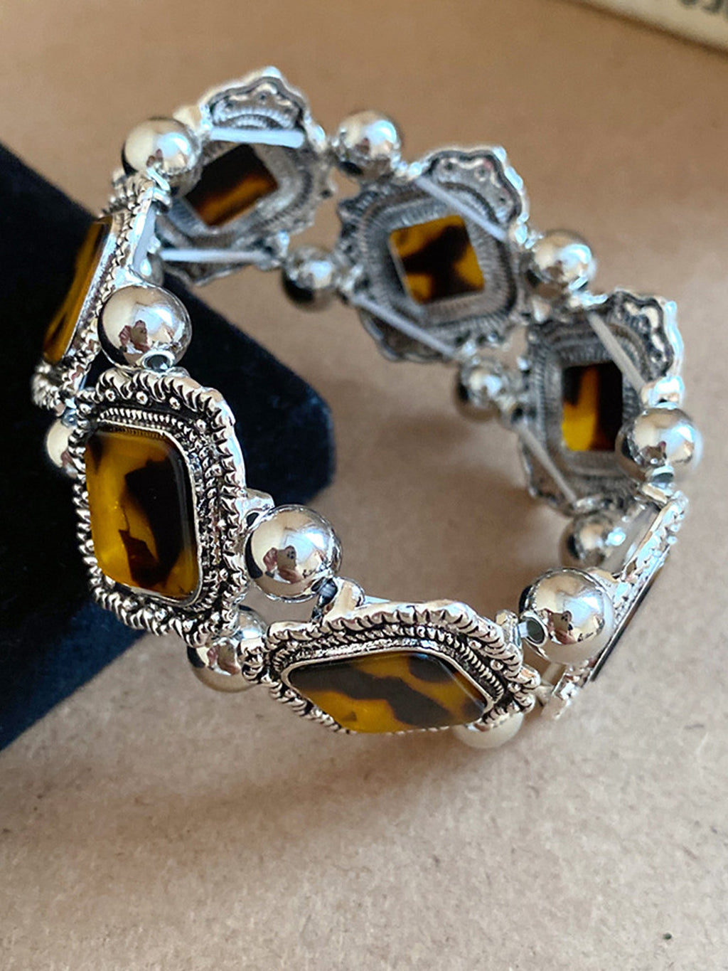 Bohemian Bracelets Set: Turquoise & Tortoiseshell Gemstones in Silver-Tone NE024