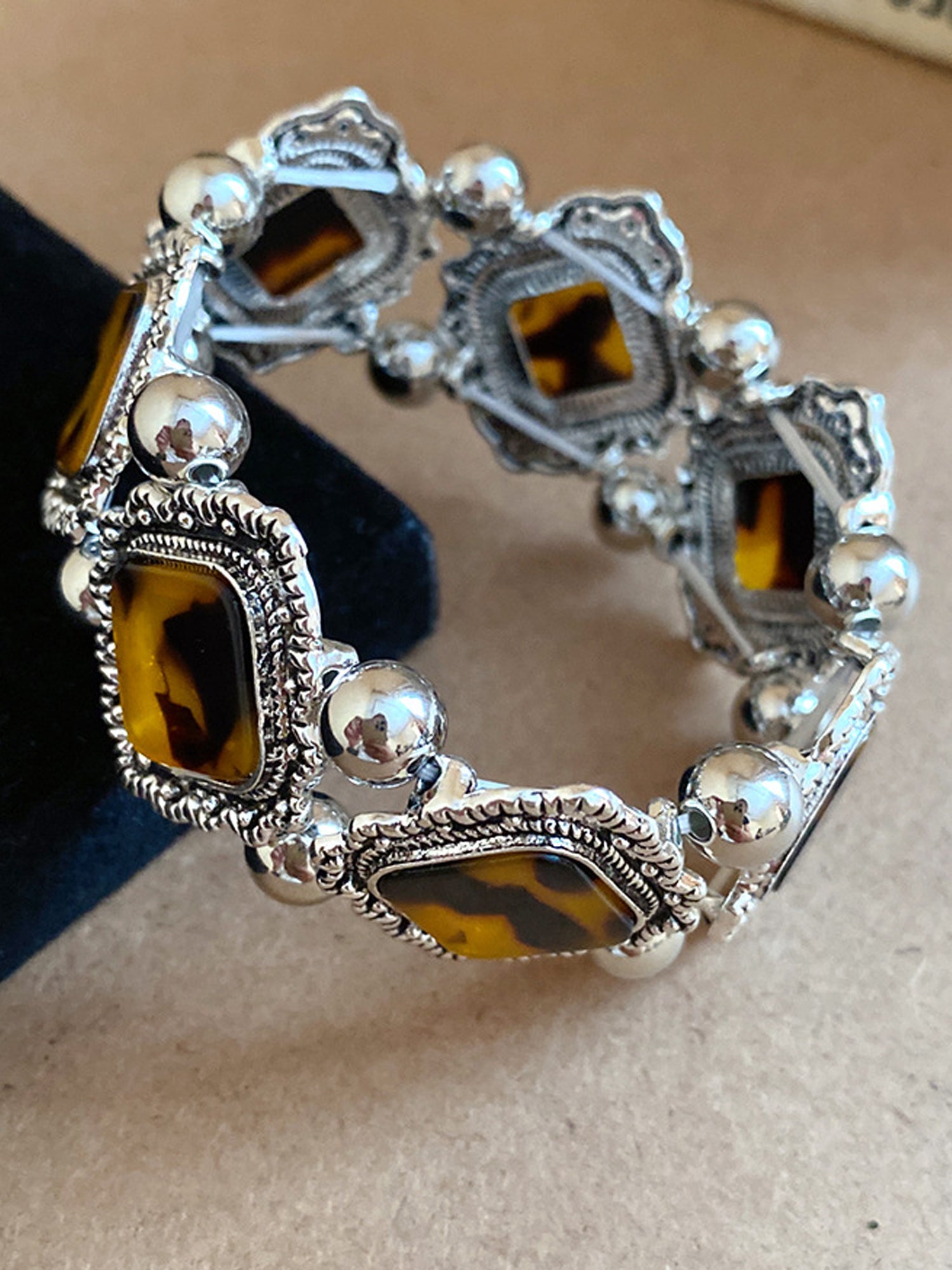 Bohemian Bracelets Set: Turquoise & Tortoiseshell Gemstones in Silver-Tone NE024