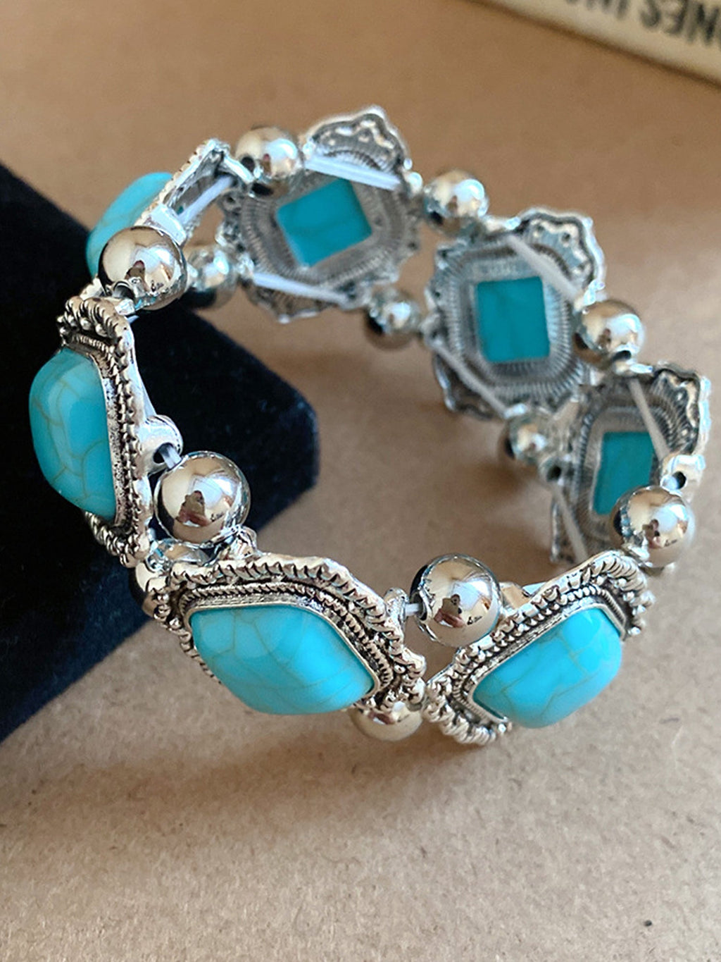 Bohemian Bracelets Set: Turquoise & Tortoiseshell Gemstones in Silver-Tone NE024