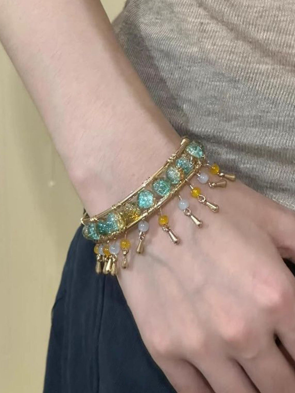 Bohemian Tassel Bracelet: Gold-Tone with Turquoise & Yellow Glitter Beads NE025