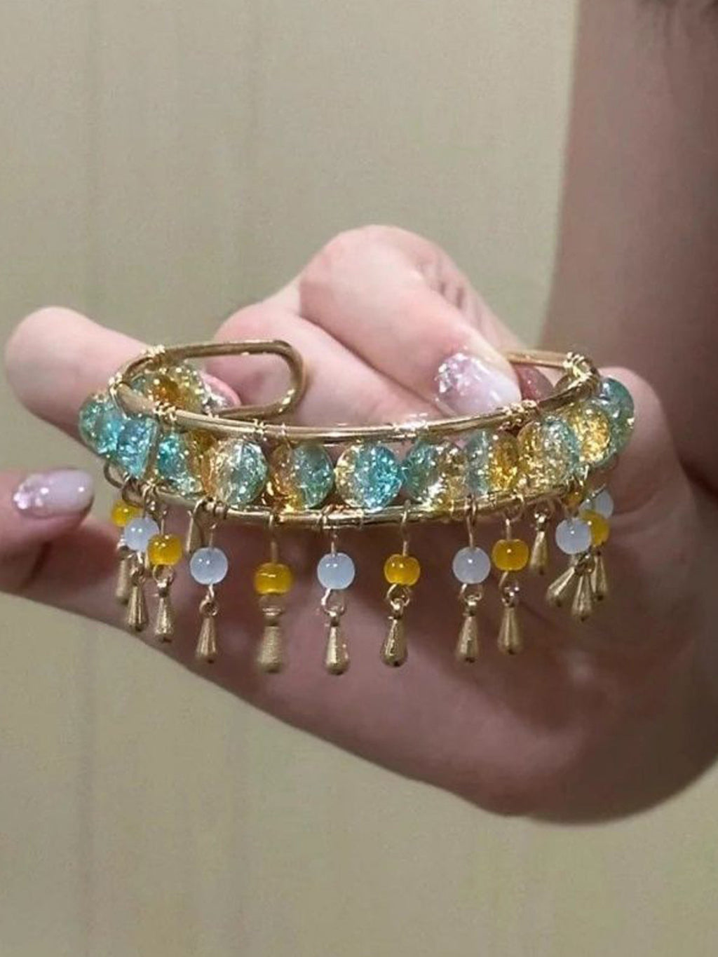 Bohemian Tassel Bracelet: Gold-Tone with Turquoise & Yellow Glitter Beads NE025
