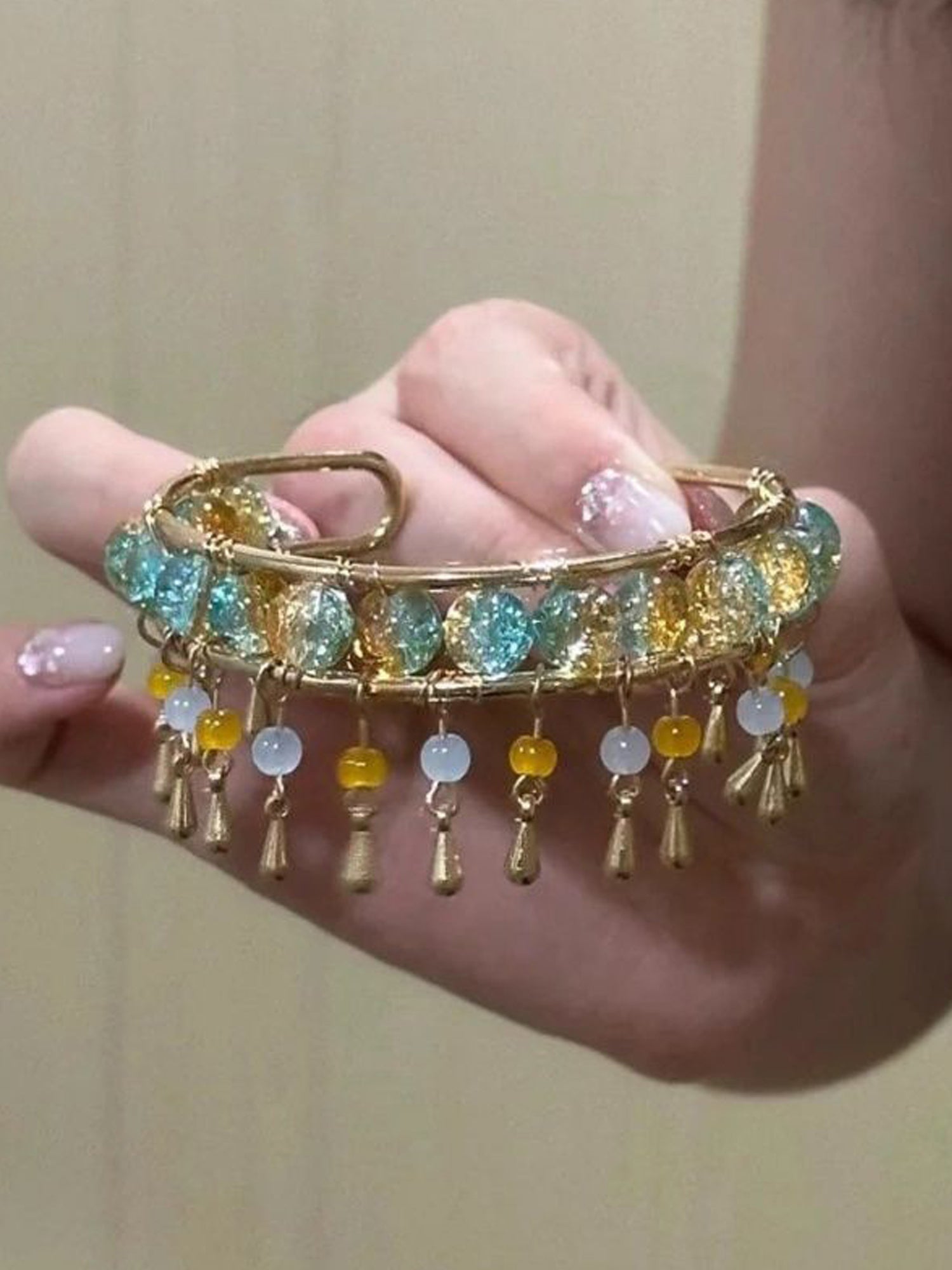 Bohemian Tassel Bracelet: Gold-Tone with Turquoise & Yellow Glitter Beads NE025
