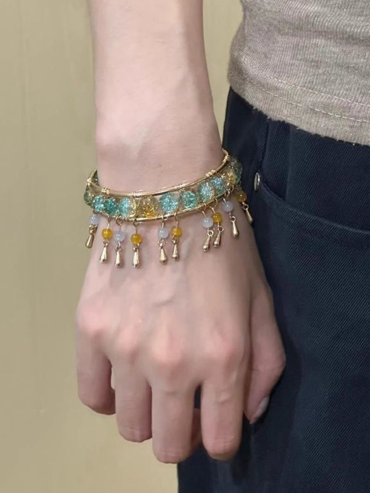 Bohemian Tassel Bracelet: Gold-Tone with Turquoise & Yellow Glitter Beads NE025