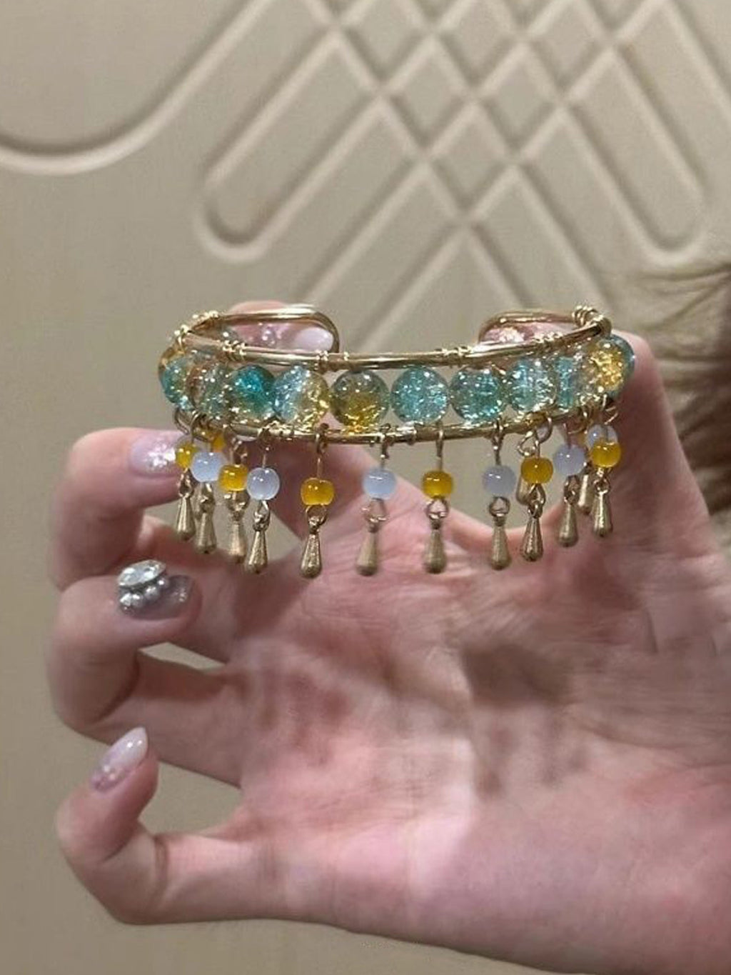 Bohemian Tassel Bracelet: Gold-Tone with Turquoise & Yellow Glitter Beads NE025