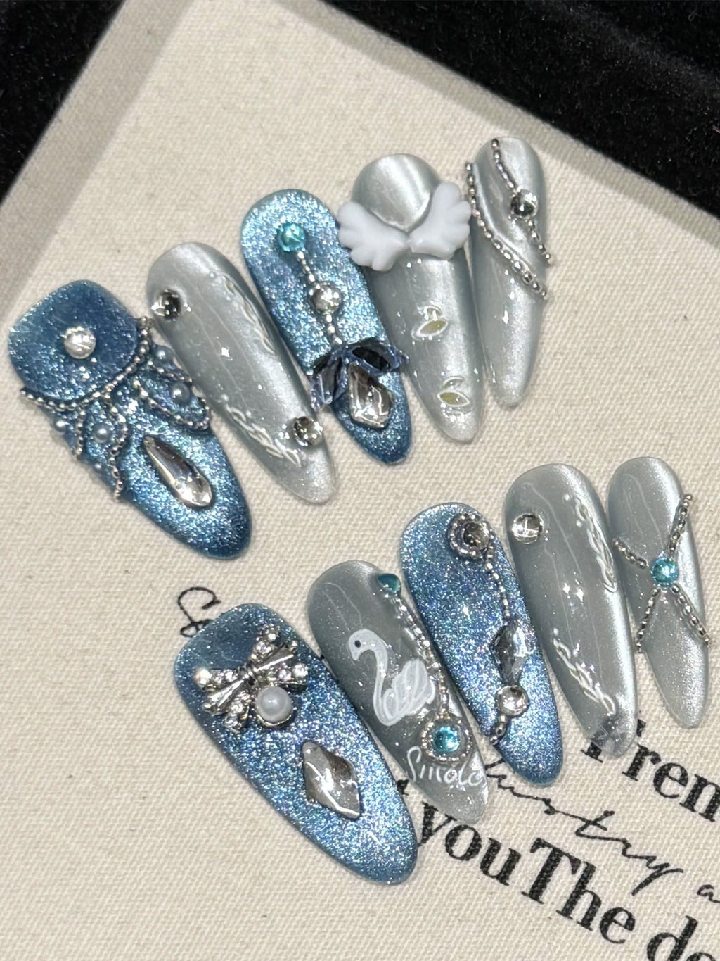 Blue & Silver Glitter Accents with White Swan & Rhinestone & 3D Angel Wing Long Almond Press-On Nails PN003