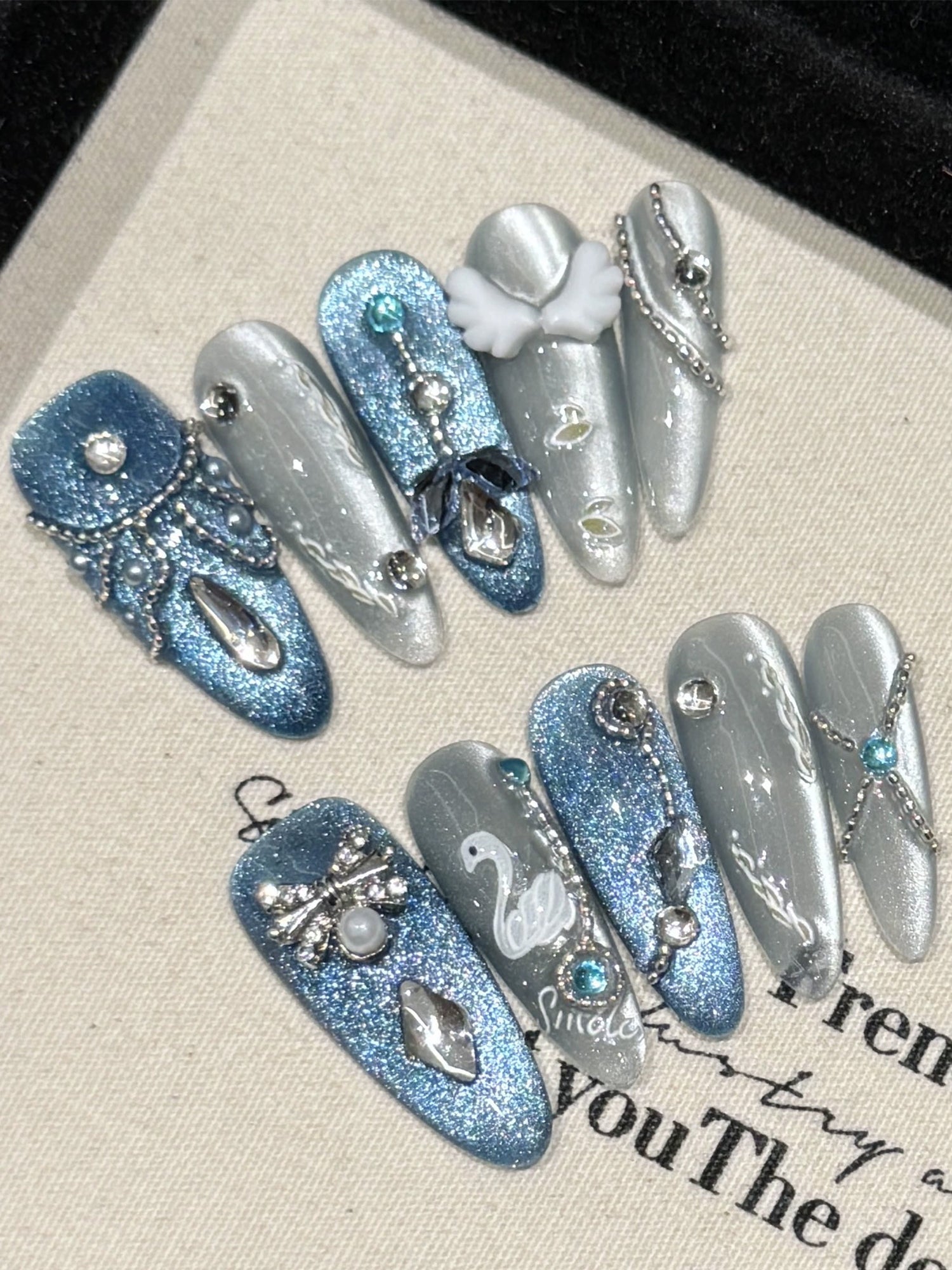 Blue & Silver Glitter Accents with White Swan & Rhinestone & 3D Angel Wing Long Almond Press-On Nails PN003