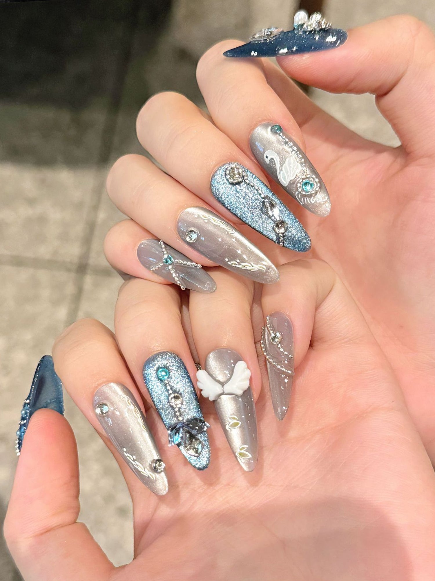 Blue & Silver Glitter Accents with White Swan & Rhinestone & 3D Angel Wing Long Almond Press-On Nails PN003
