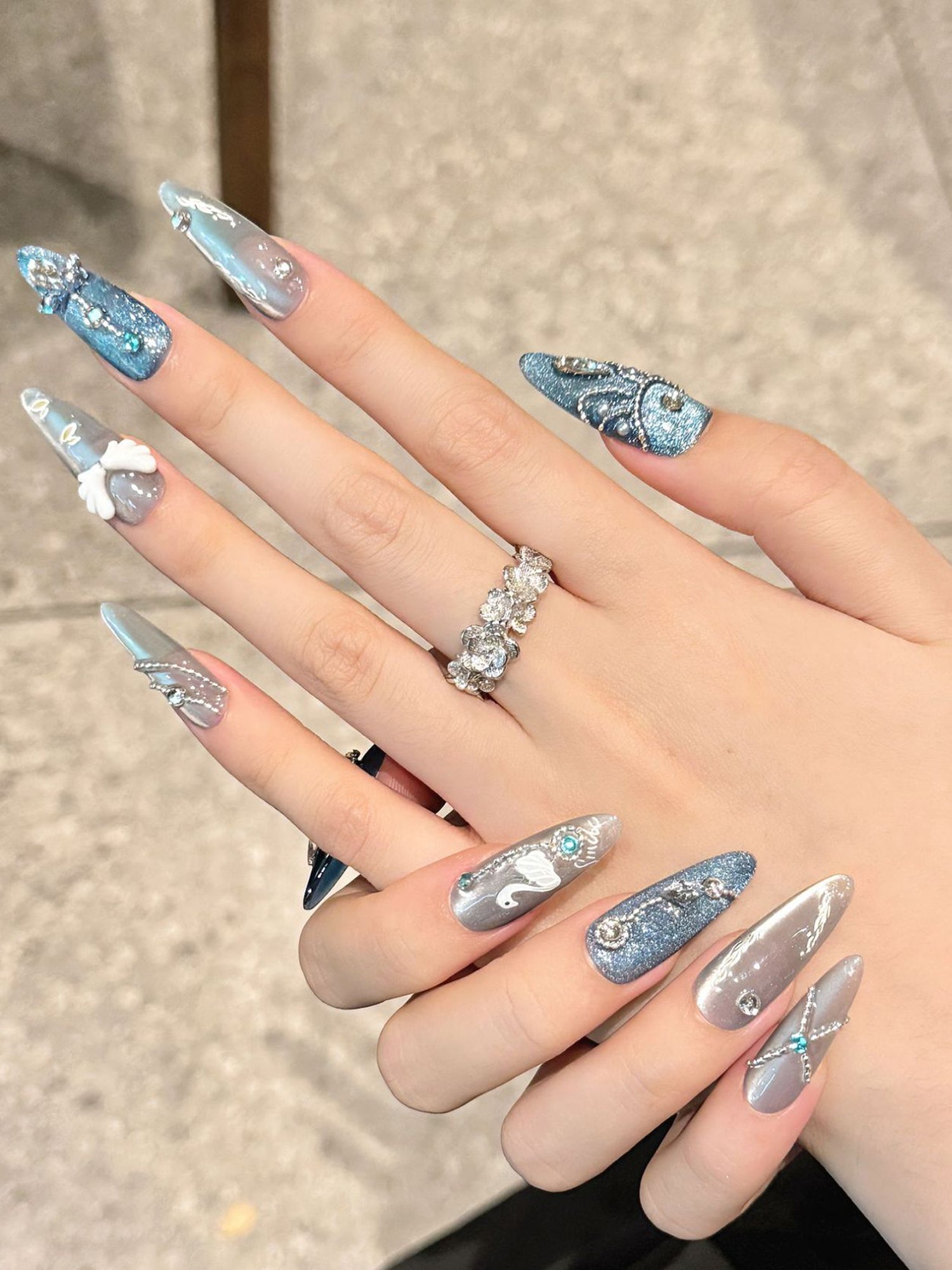 Blue & Silver Glitter Accents with White Swan & Rhinestone & 3D Angel Wing Long Almond Press-On Nails PN003