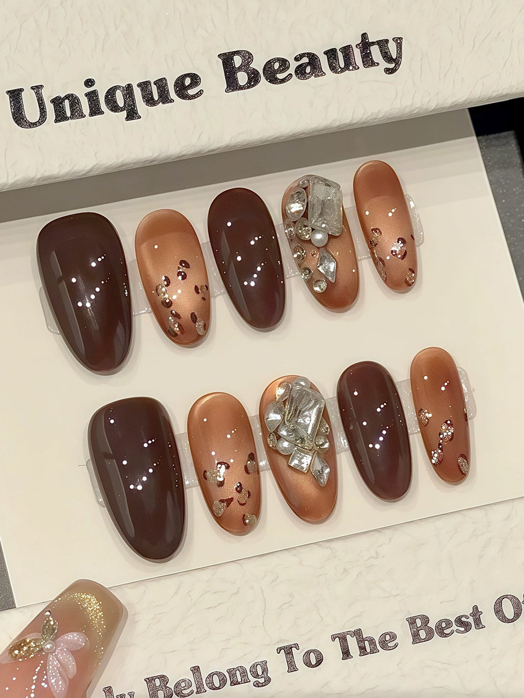 Brown Cat-Eye with Rhinestone Accents Press-On Nails PN010