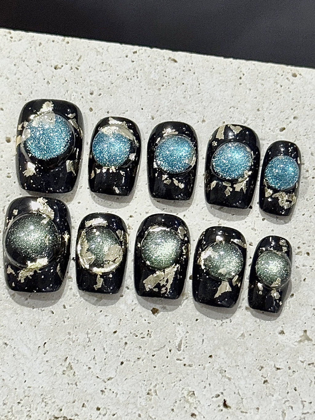 Black with 3D Opal Cat-Eye Effect Press-On Nails PN013