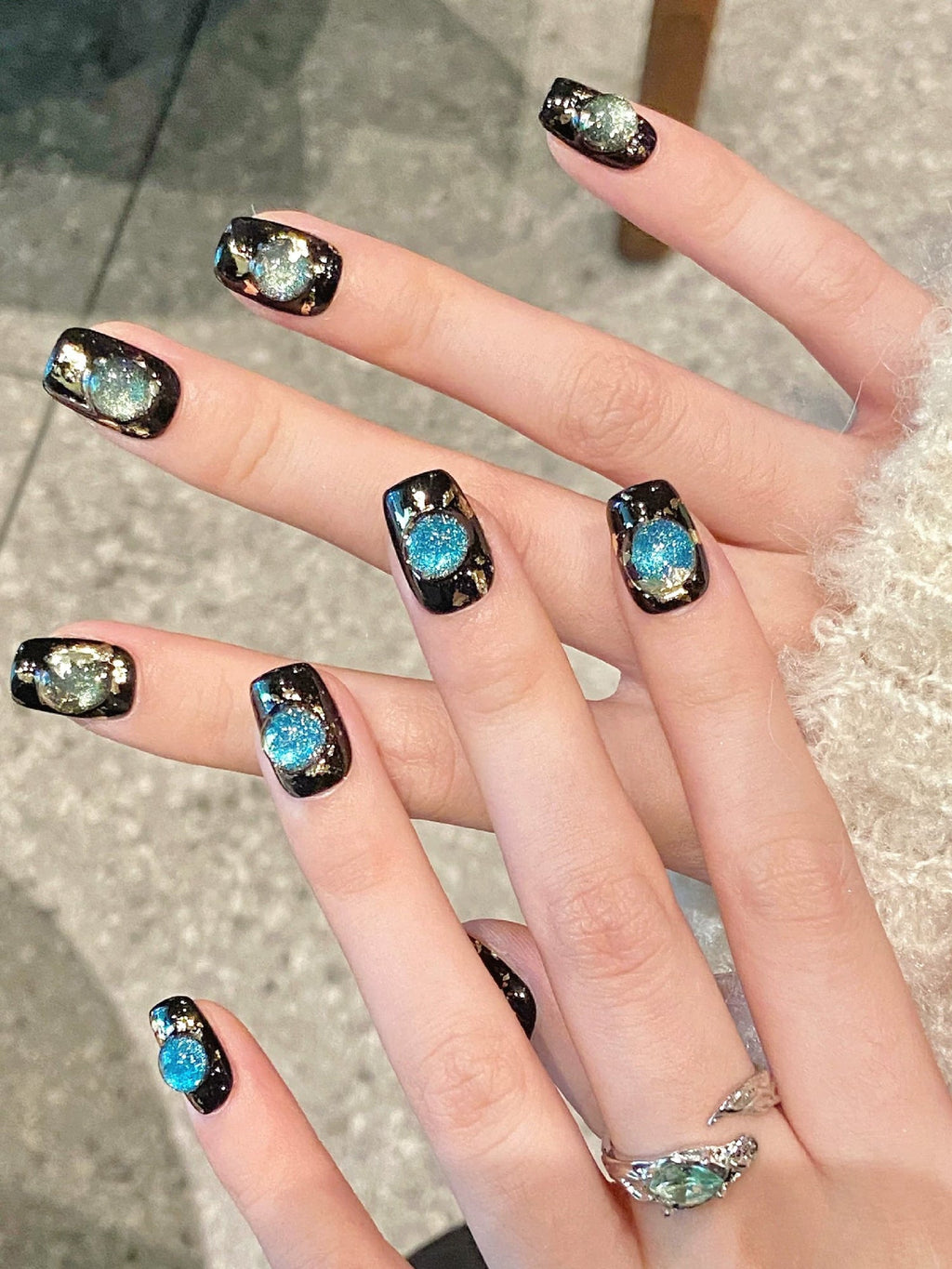 Black with 3D Opal Cat-Eye Effect Press-On Nails PN013