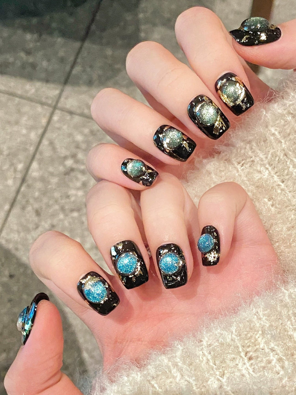 Black with 3D Opal Cat-Eye Effect Press-On Nails PN013