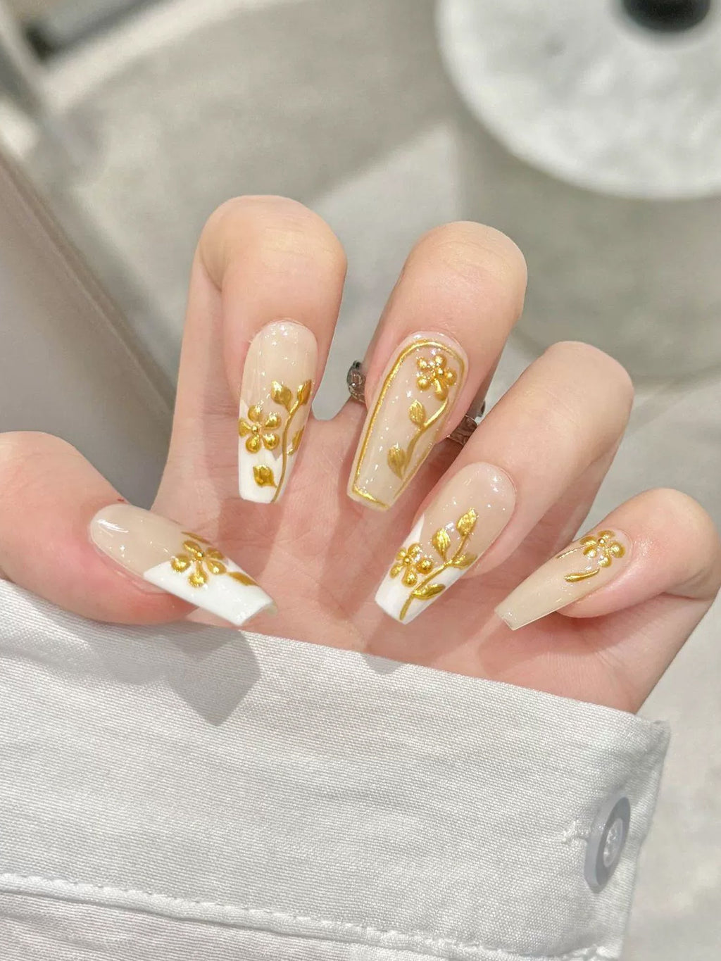 Elegant French Nude with Floral and Leaf Designs Press-On Nails PN014