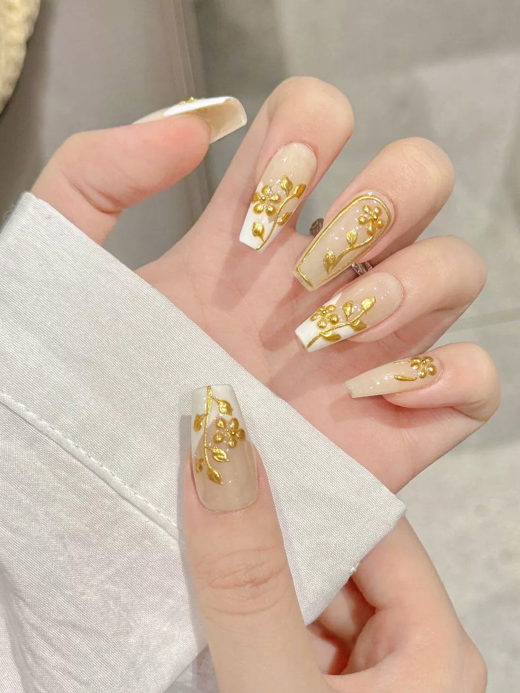 Elegant French Nude with Floral and Leaf Designs Press-On Nails PN014