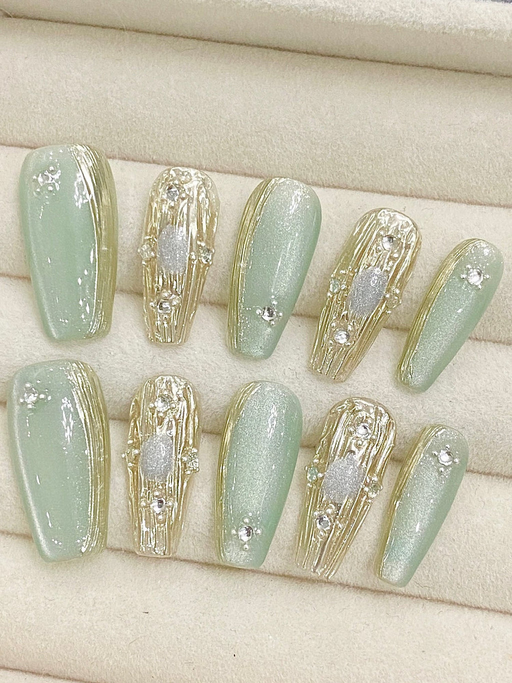 Chic Pastel Green and Gold with Rhinestone Accents Press-On Nails PN015