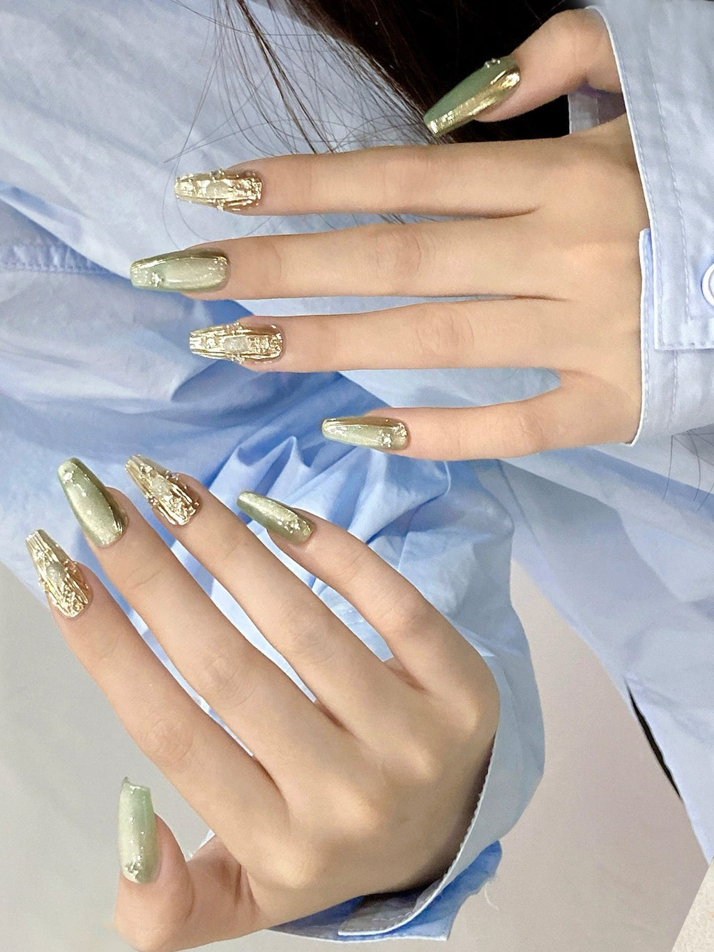 Chic Pastel Green and Gold with Rhinestone Accents Press-On Nails PN015