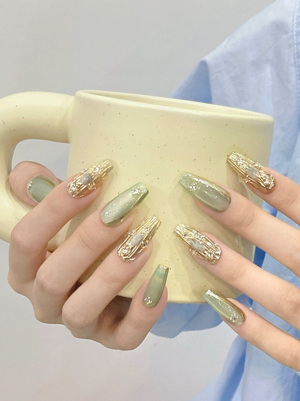 Chic Pastel Green and Gold with Rhinestone Accents Press-On Nails PN015