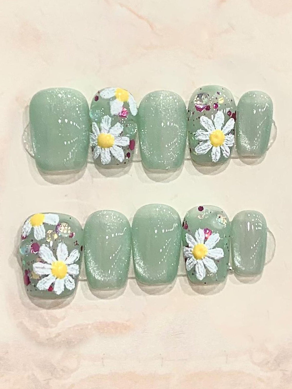 Hand-Painted Floral Mint Green Short Square Press-On Nails PN021