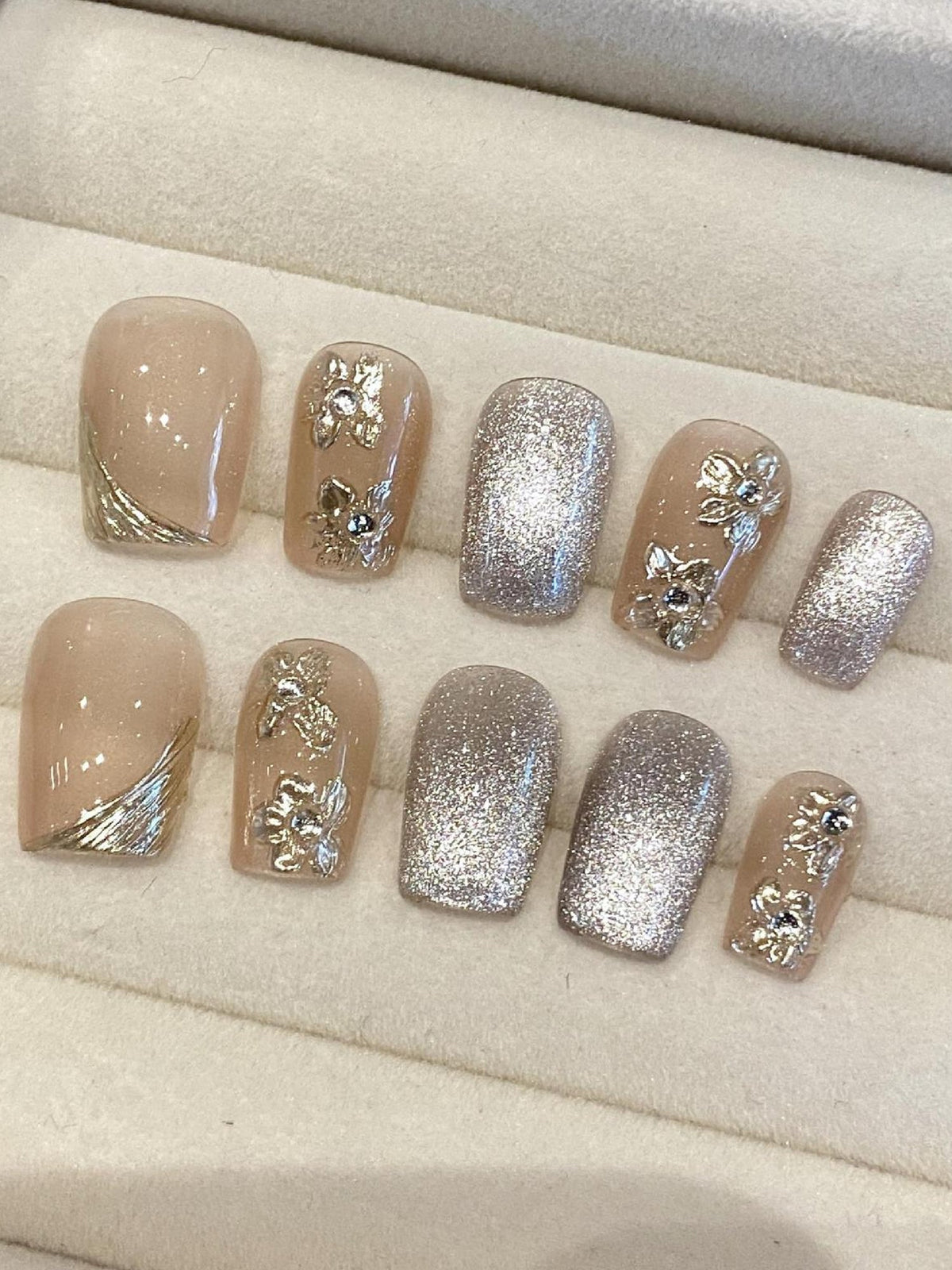 Nude and Silver Glitter with 3D Metallic Flowers Press-On Nails PN022