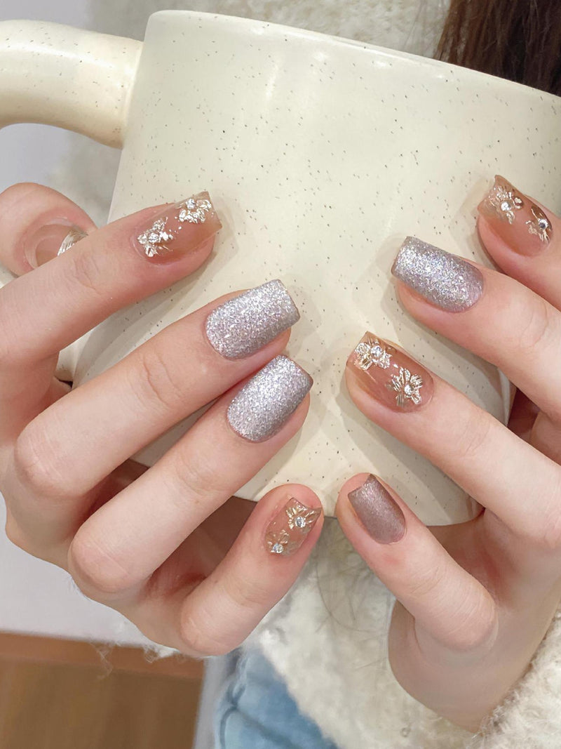 Nude and Silver Glitter with 3D Metallic Flowers Press-On Nails PN022