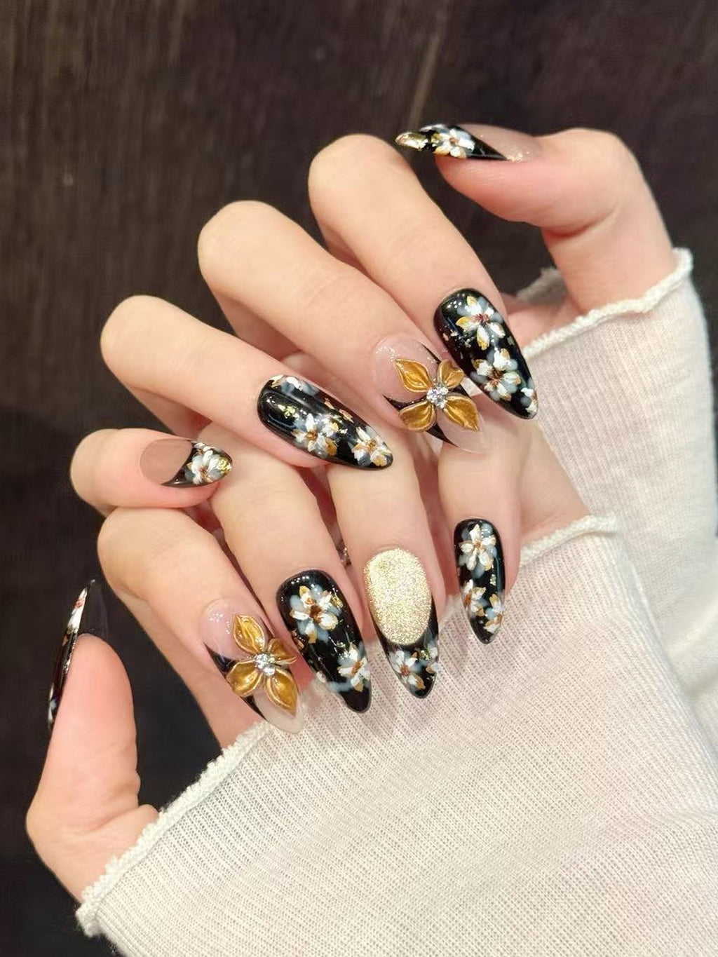 Vintage Black with White Floral & Gold Accents 3D Flower Design Press-On Nails PN028