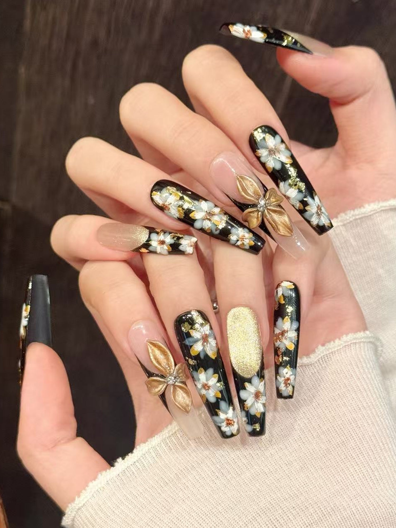 Vintage Black with White Floral & Gold Accents 3D Flower Design Press-On Nails PN028