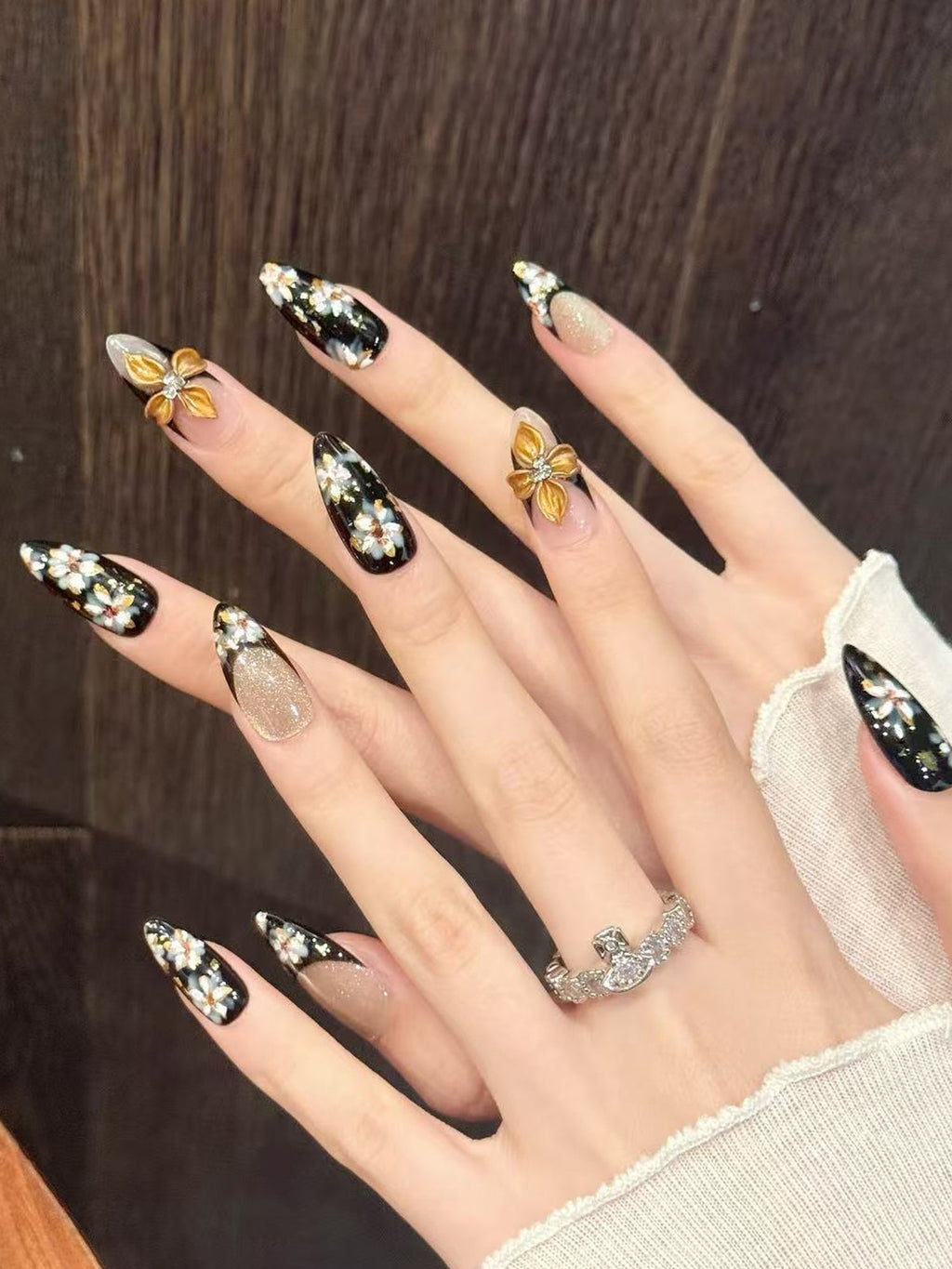 Vintage Black with White Floral & Gold Accents 3D Flower Design Press-On Nails PN028