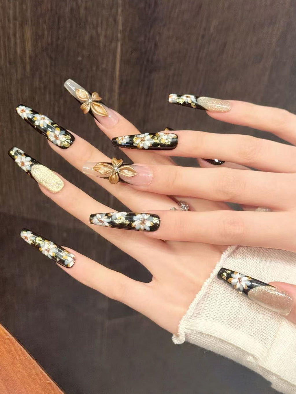 Vintage Black with White Floral & Gold Accents 3D Flower Design Press-On Nails PN028