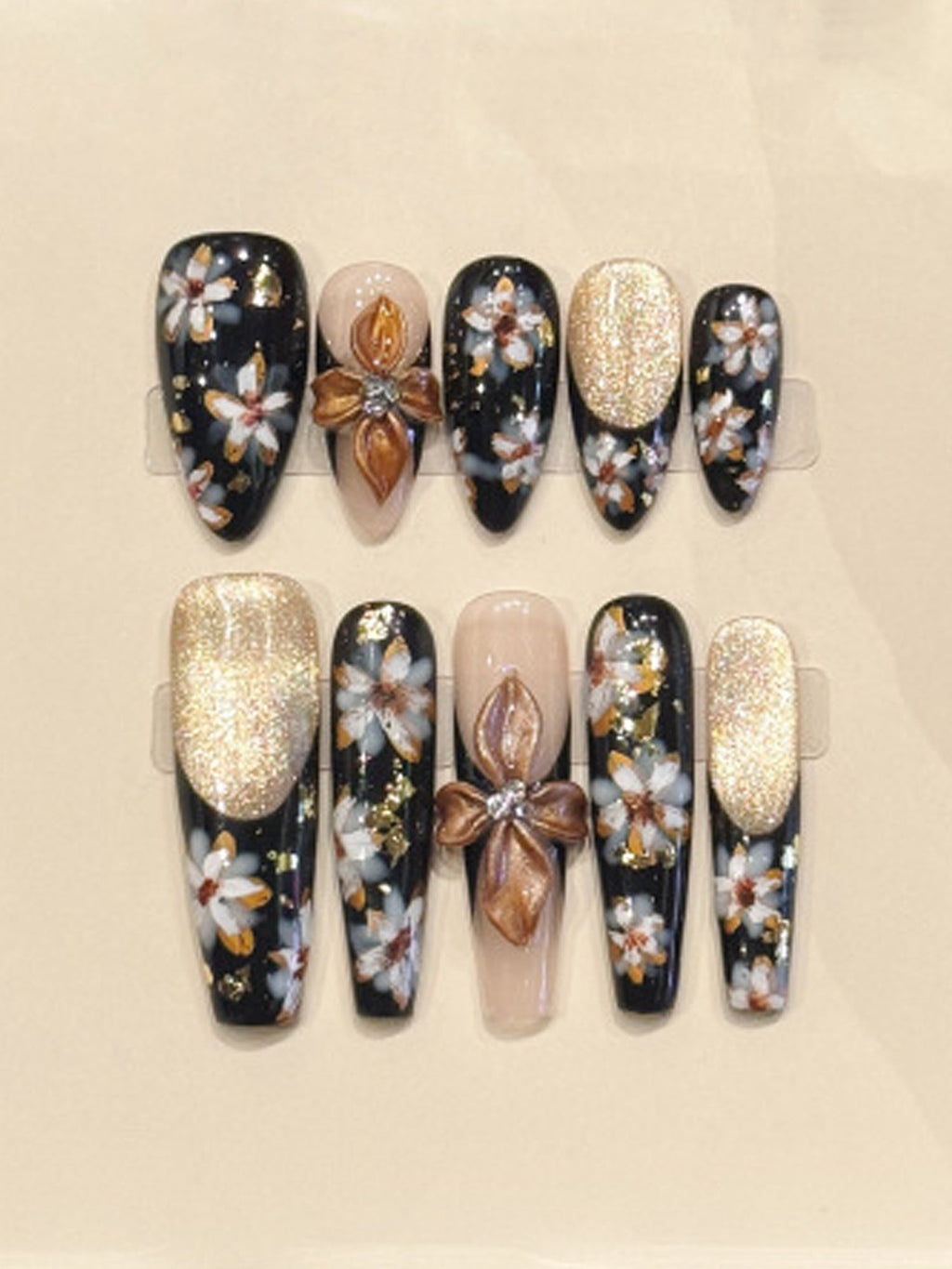 Vintage Black with White Floral & Gold Accents 3D Flower Design Press-On Nails PN028