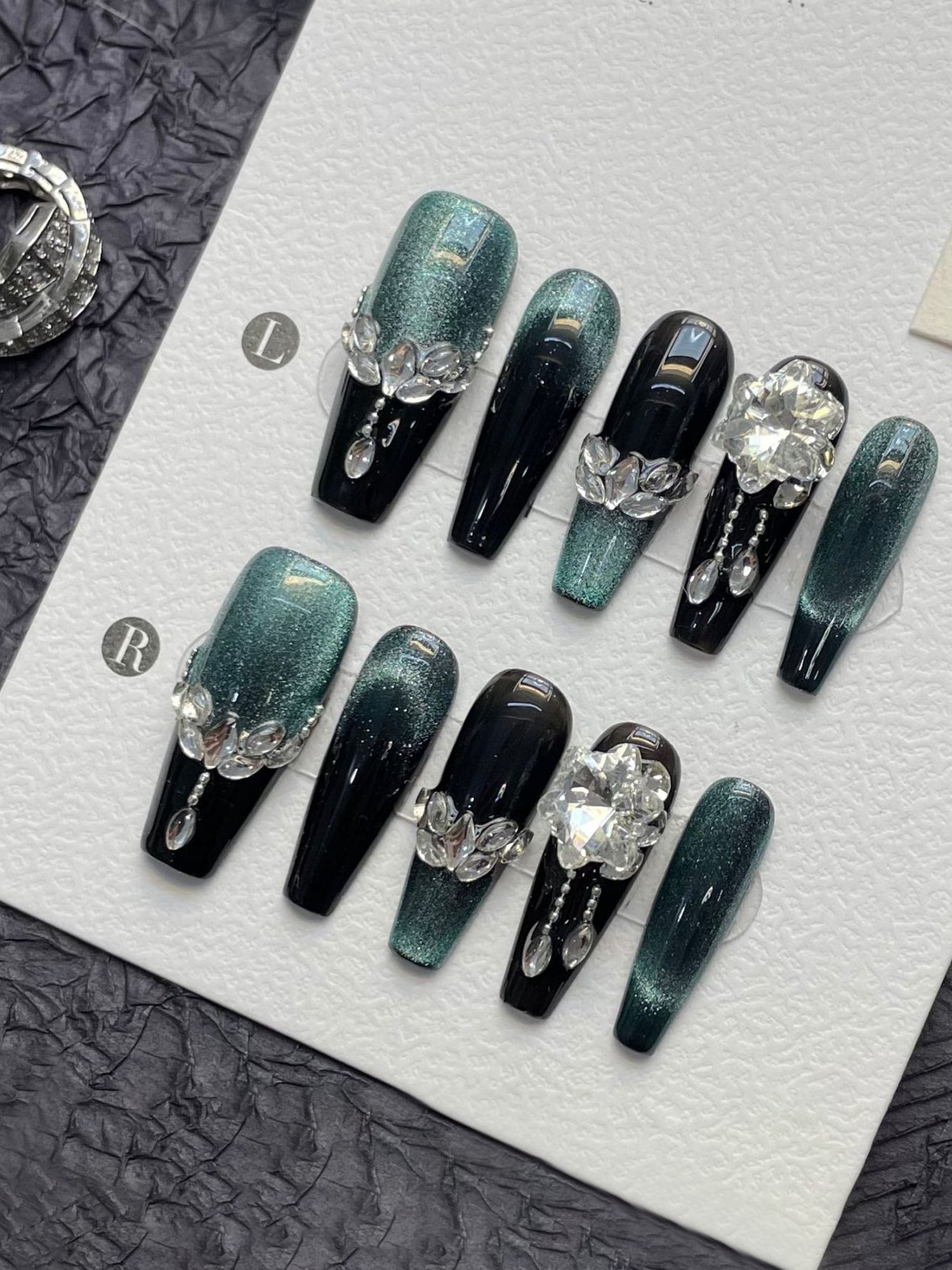 Long Coffin in Black & Teal Glitter Gradient with Rhinestone Crystal Embellishments Press-On Nails PN029