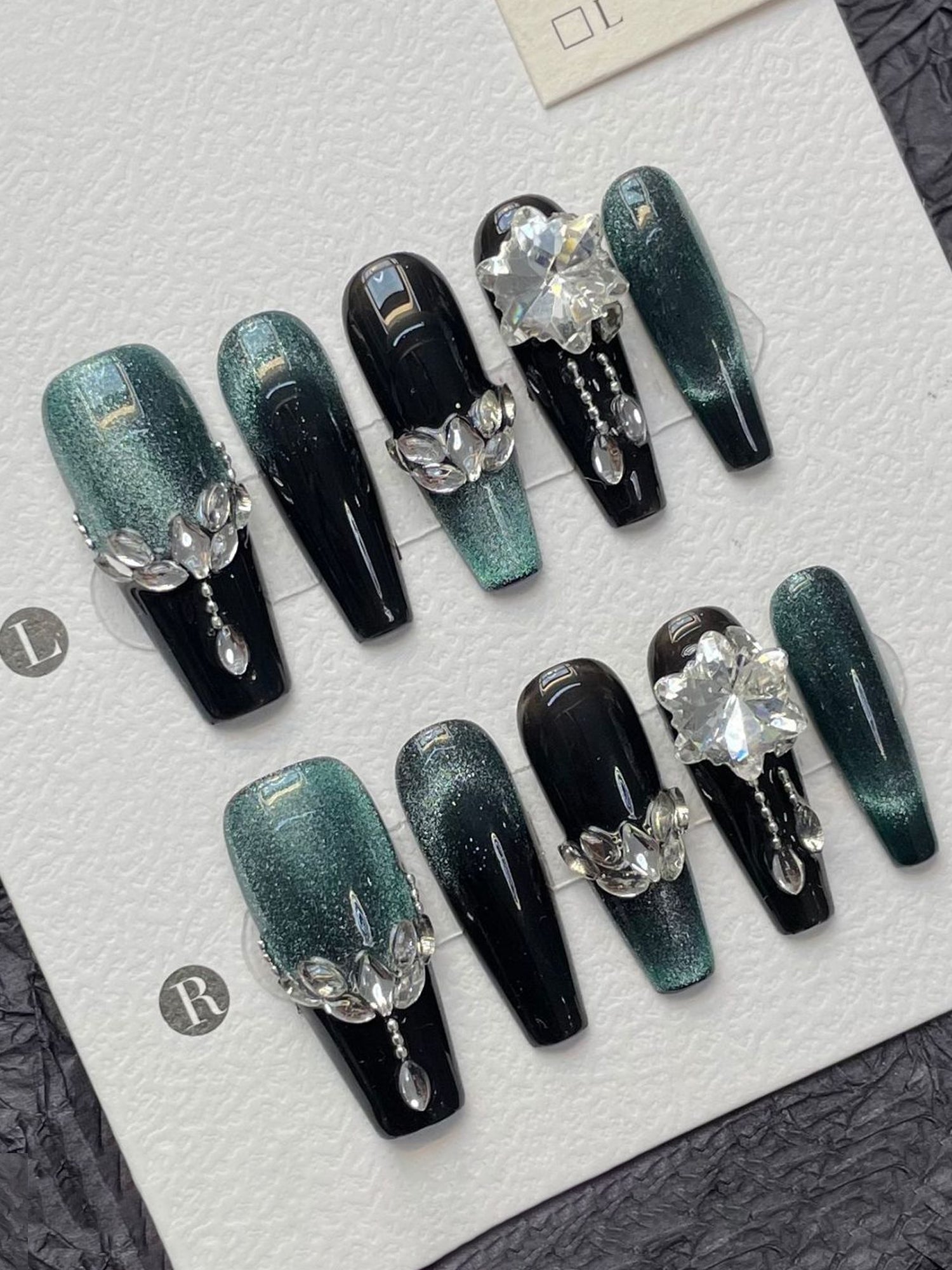 Long Coffin in Black & Teal Glitter Gradient with Rhinestone Crystal Embellishments Press-On Nails PN029