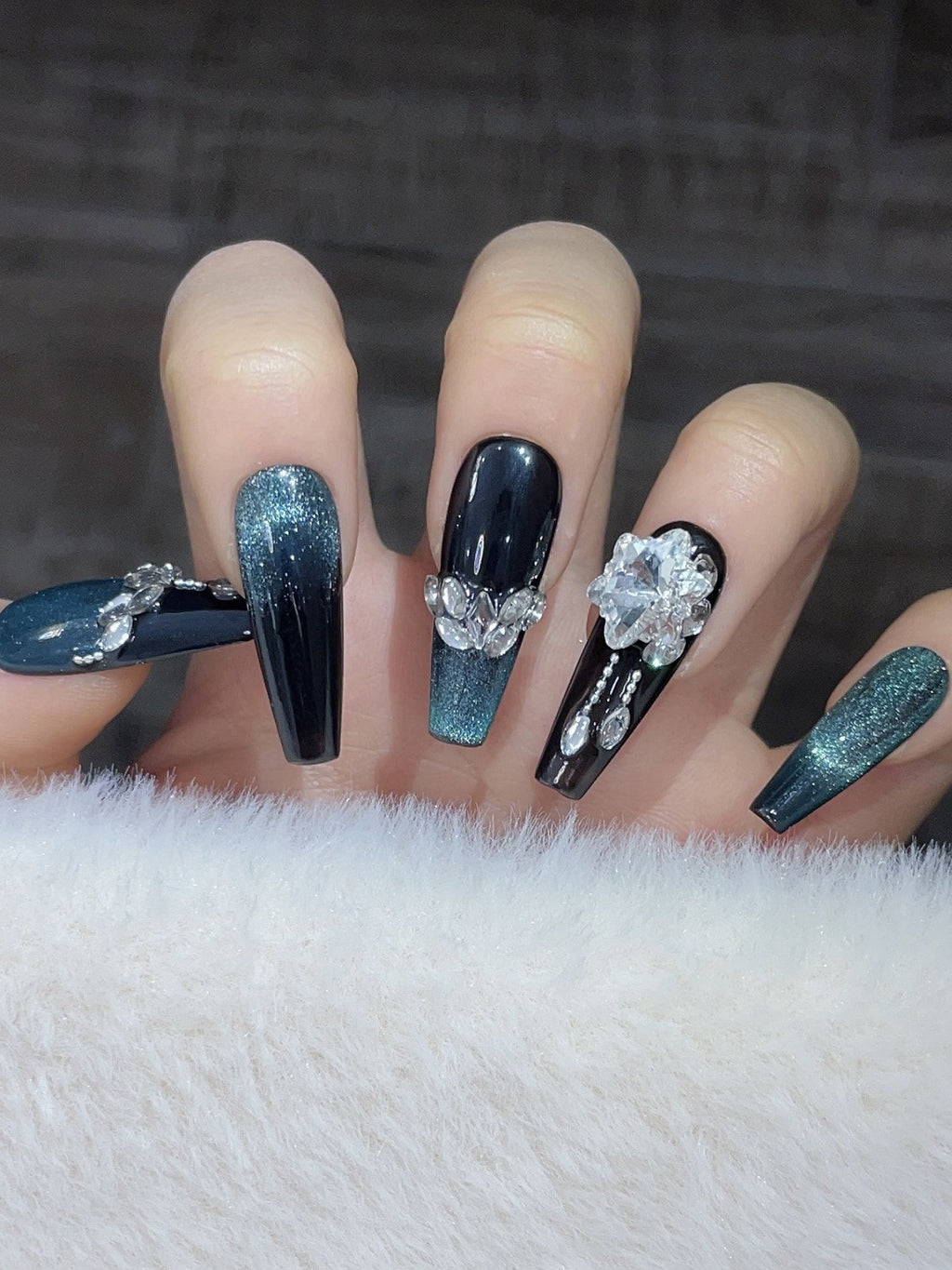 Long Coffin in Black & Teal Glitter Gradient with Rhinestone Crystal Embellishments Press-On Nails PN029