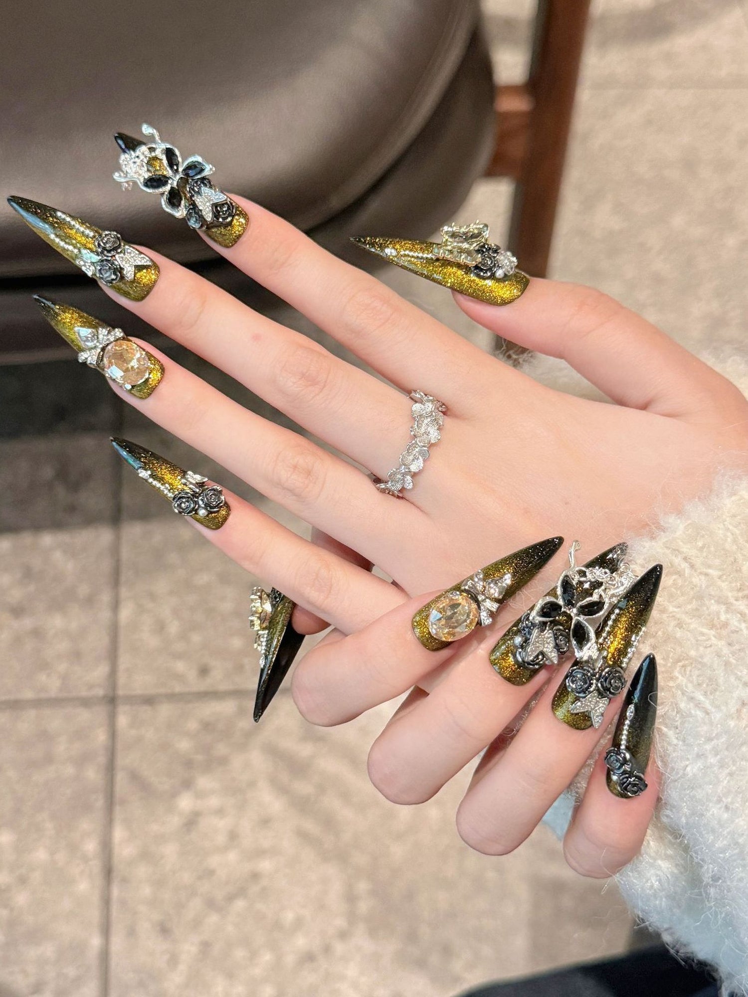 Opulent 3D Embellished Long Stiletto Style with Gold - Black Glitter, Roses, Butterflies & Crystal Accents Press-On Nails PN030